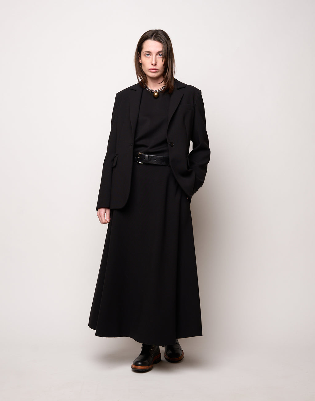 Gonna Midi Svasata con Pieghe in Doppio Crepe Stretch Nero