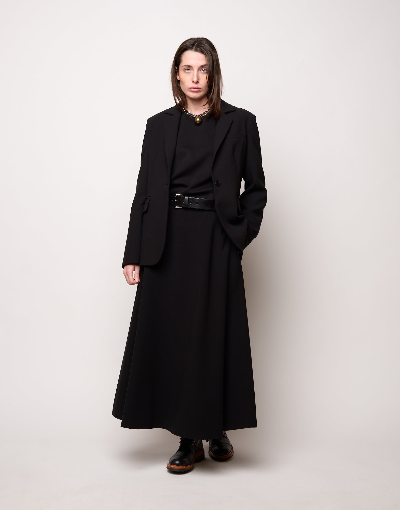 Gonna Midi Svasata con Pieghe in Doppio Crepe Stretch Nero