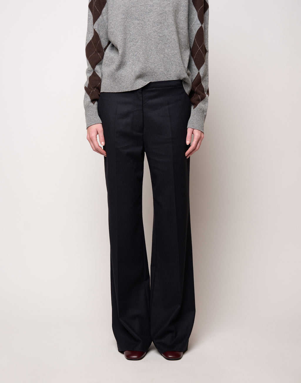 Pantalone Flair con Piega Stirata in Flanella Stretch Blu Abisso