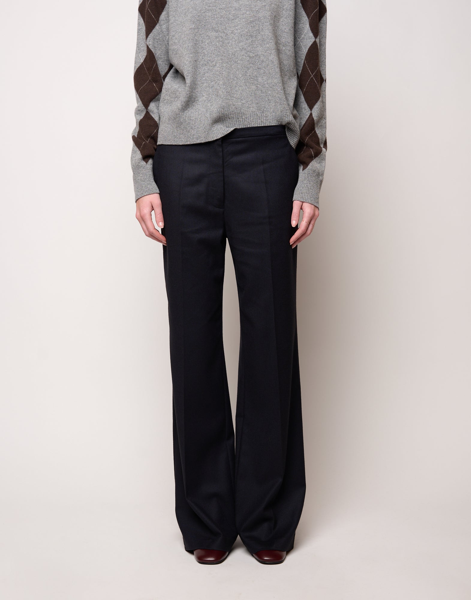 Pantalone Flair con Piega Stirata in Flanella Stretch Blu Abisso