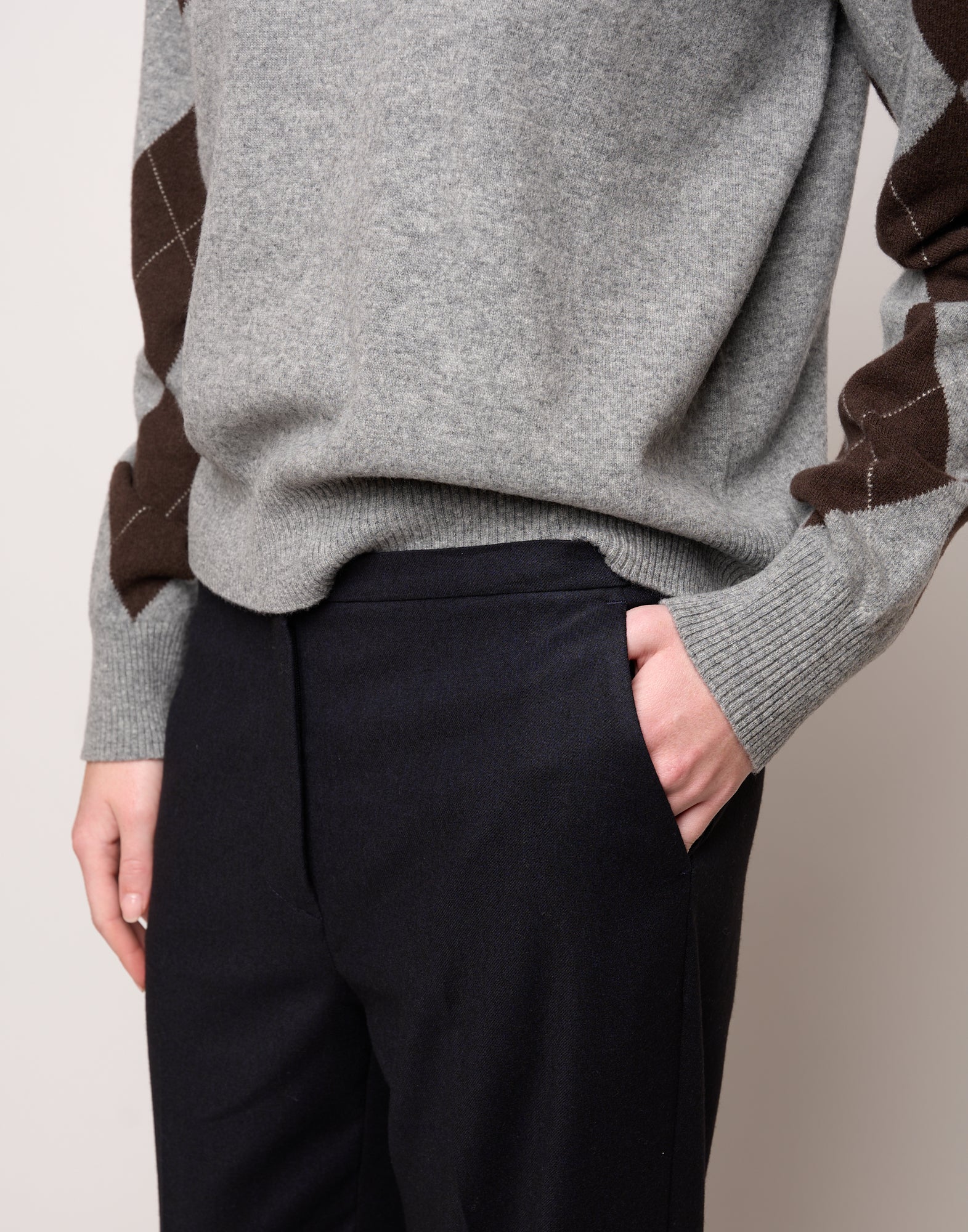Pantalone Flair con Piega Stirata in Flanella Stretch Blu Abisso