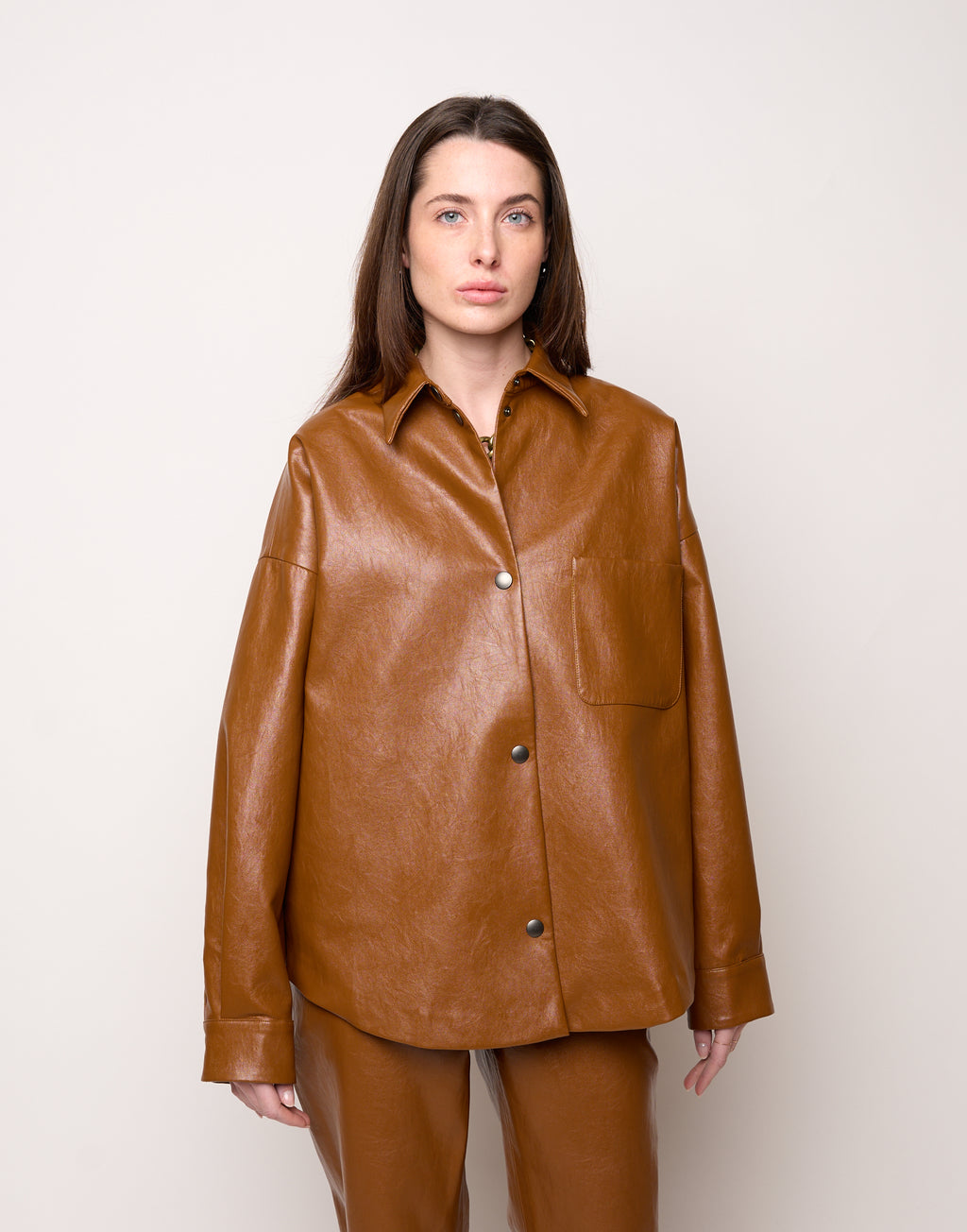 Oversized Faux Leather Shirt in Old Whisky