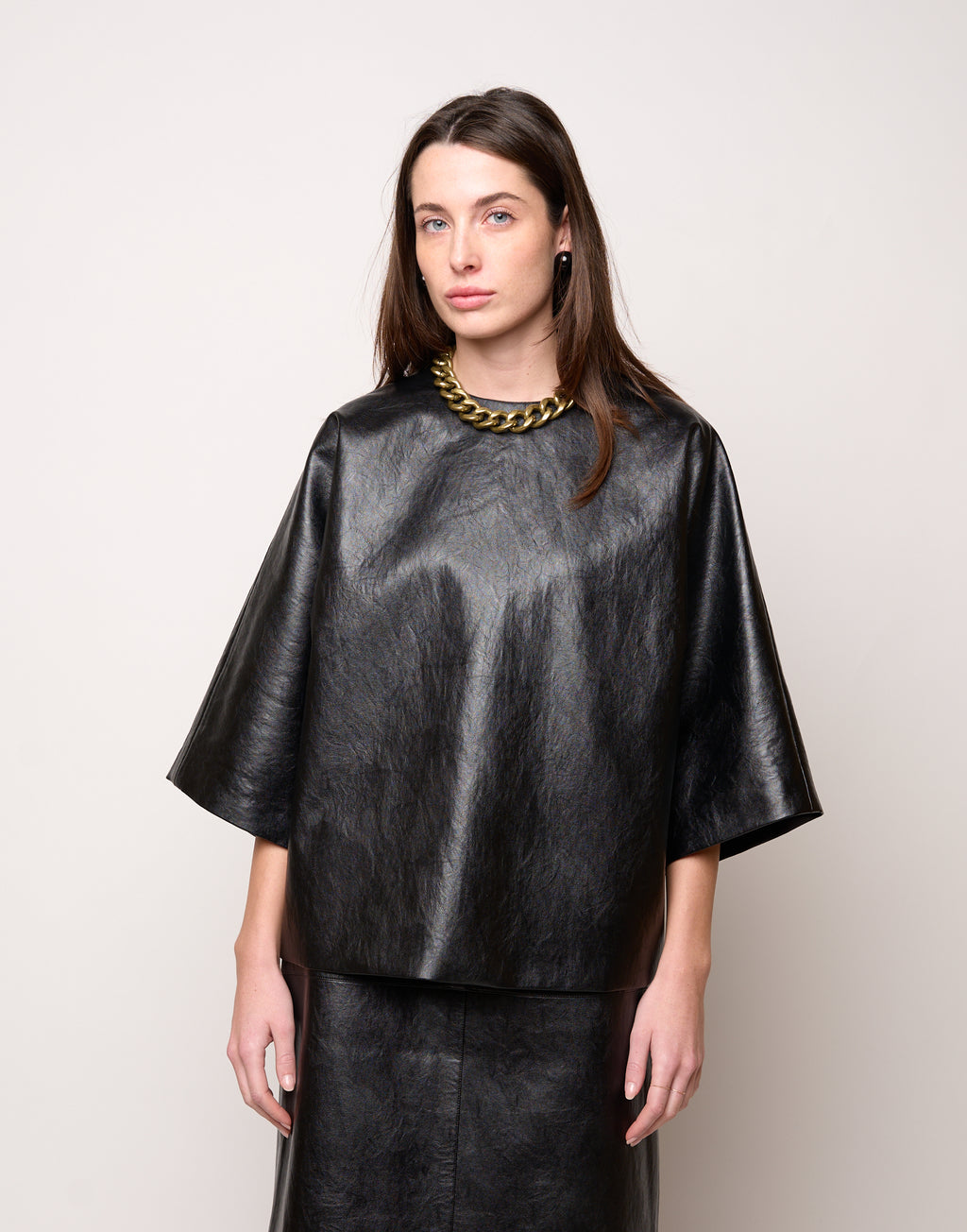 Blusa Kimono in Ecopelle Old Nero