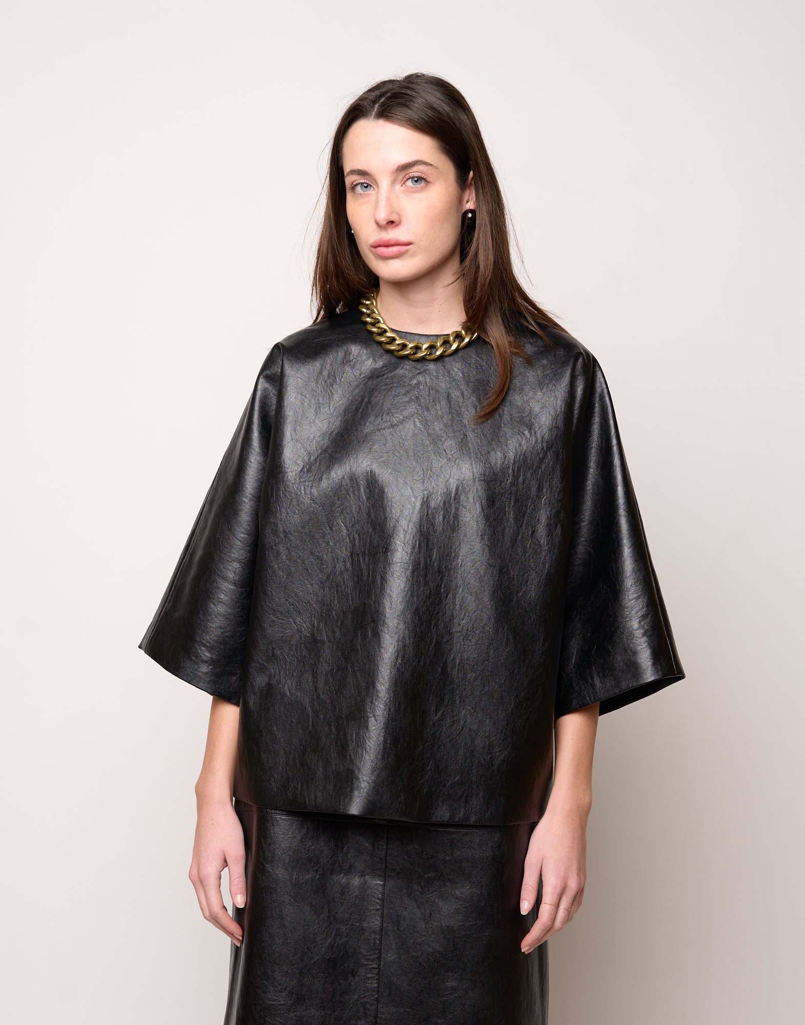 Blusa Kimono in Ecopelle Old Nero