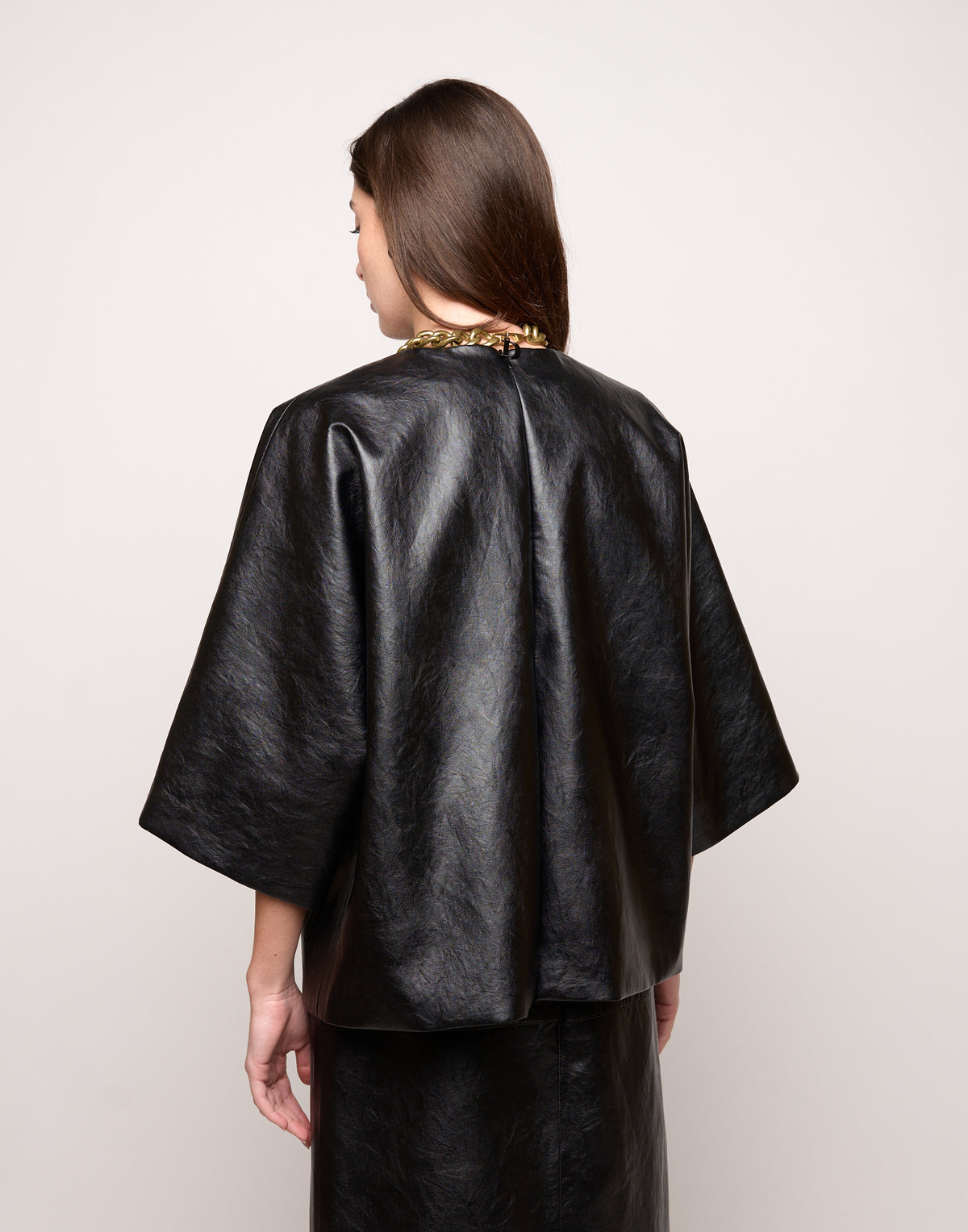 Blusa Kimono in Ecopelle Old Nero