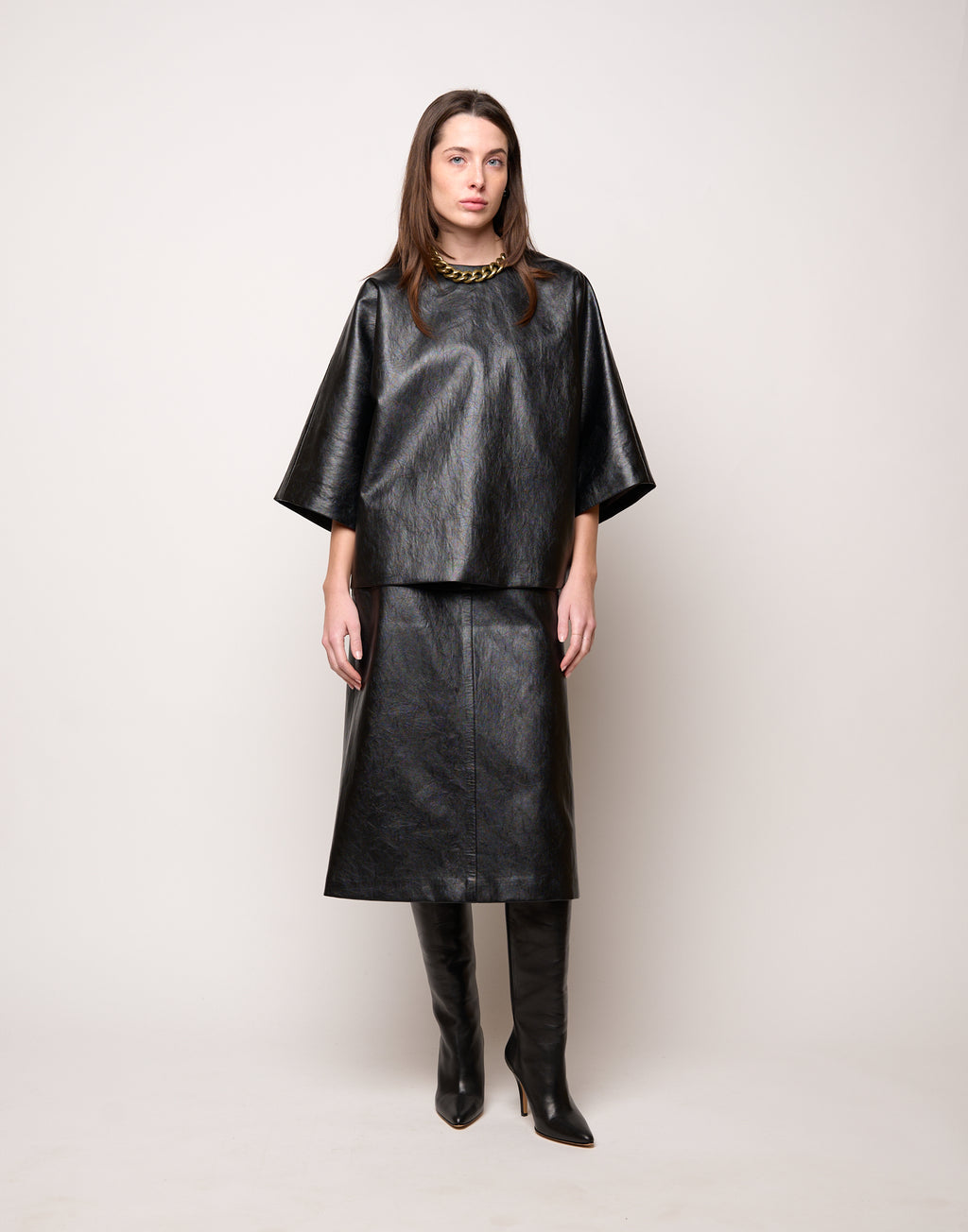 Blusa Kimono in Ecopelle Old Nero
