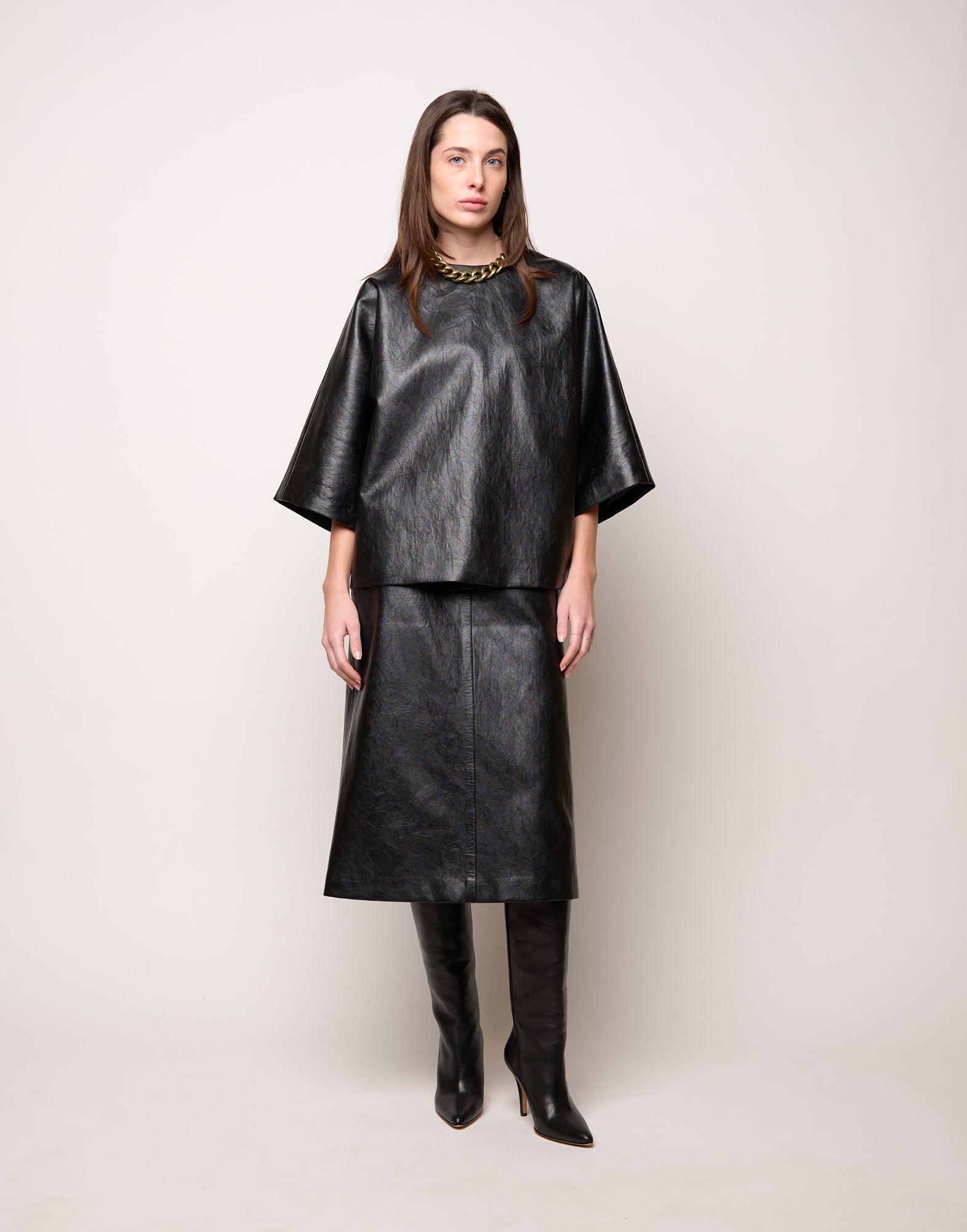 Blusa Kimono in Ecopelle Old Nero