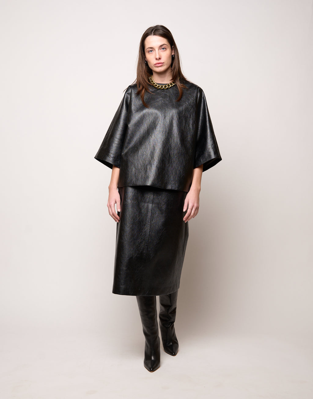 Blusa Kimono in Ecopelle Old Nero