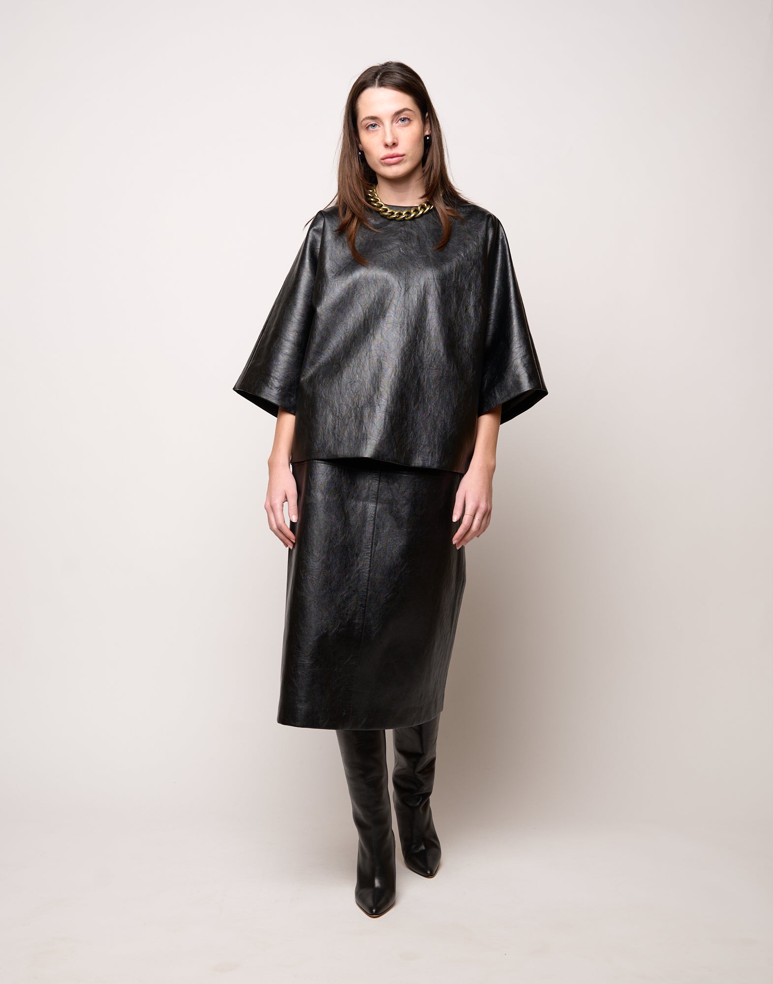 Blusa Kimono in Ecopelle Old Nero