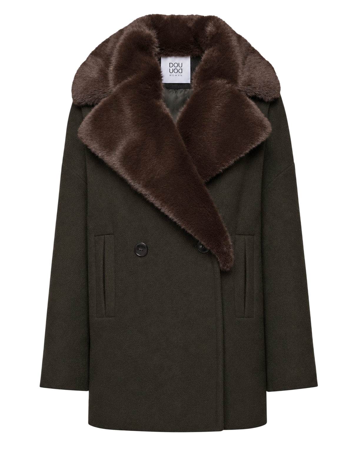 Double-Breasted Peacoat with Detachable Faux Fur Collar