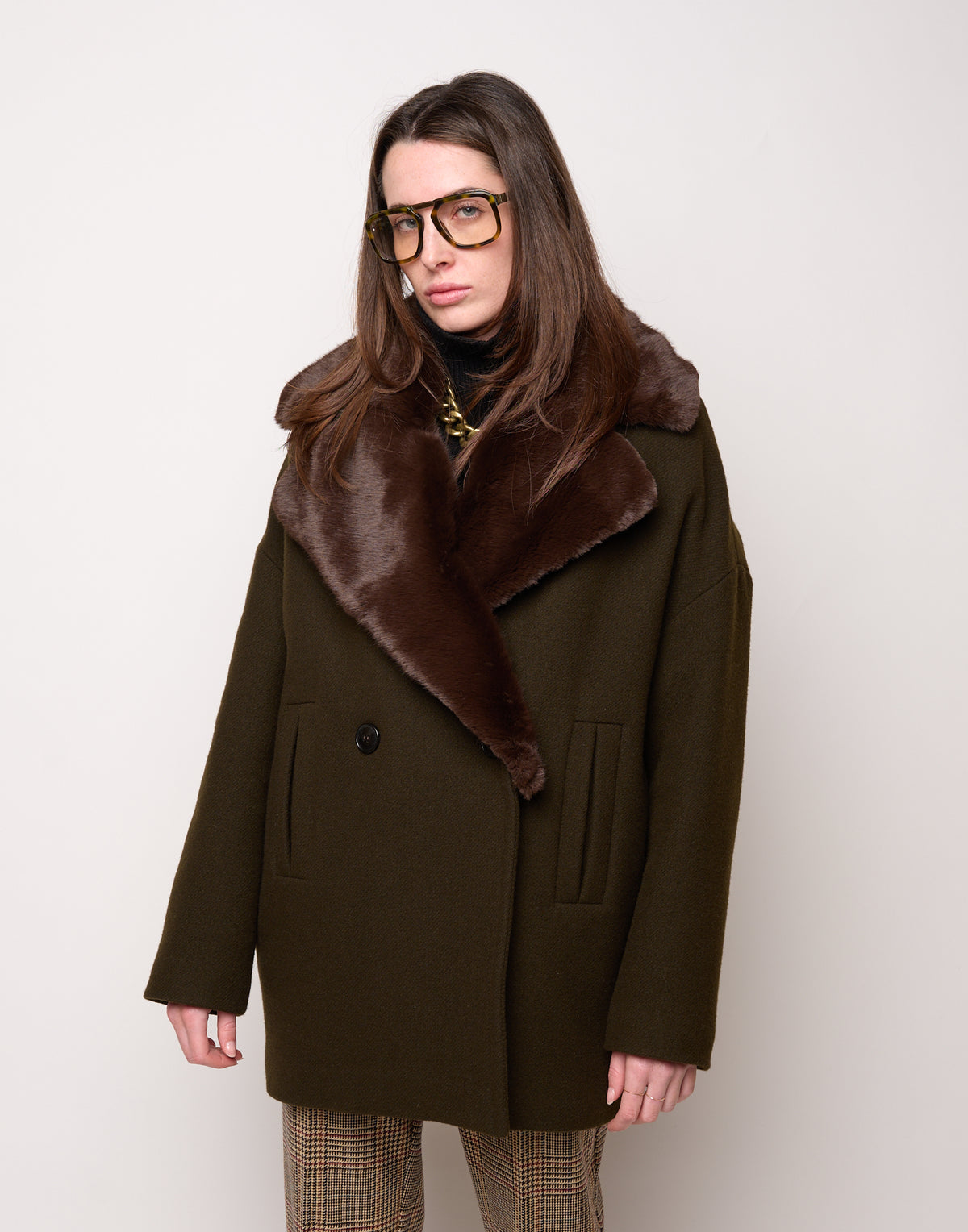 Double-Breasted Peacoat with Detachable Faux Fur Collar