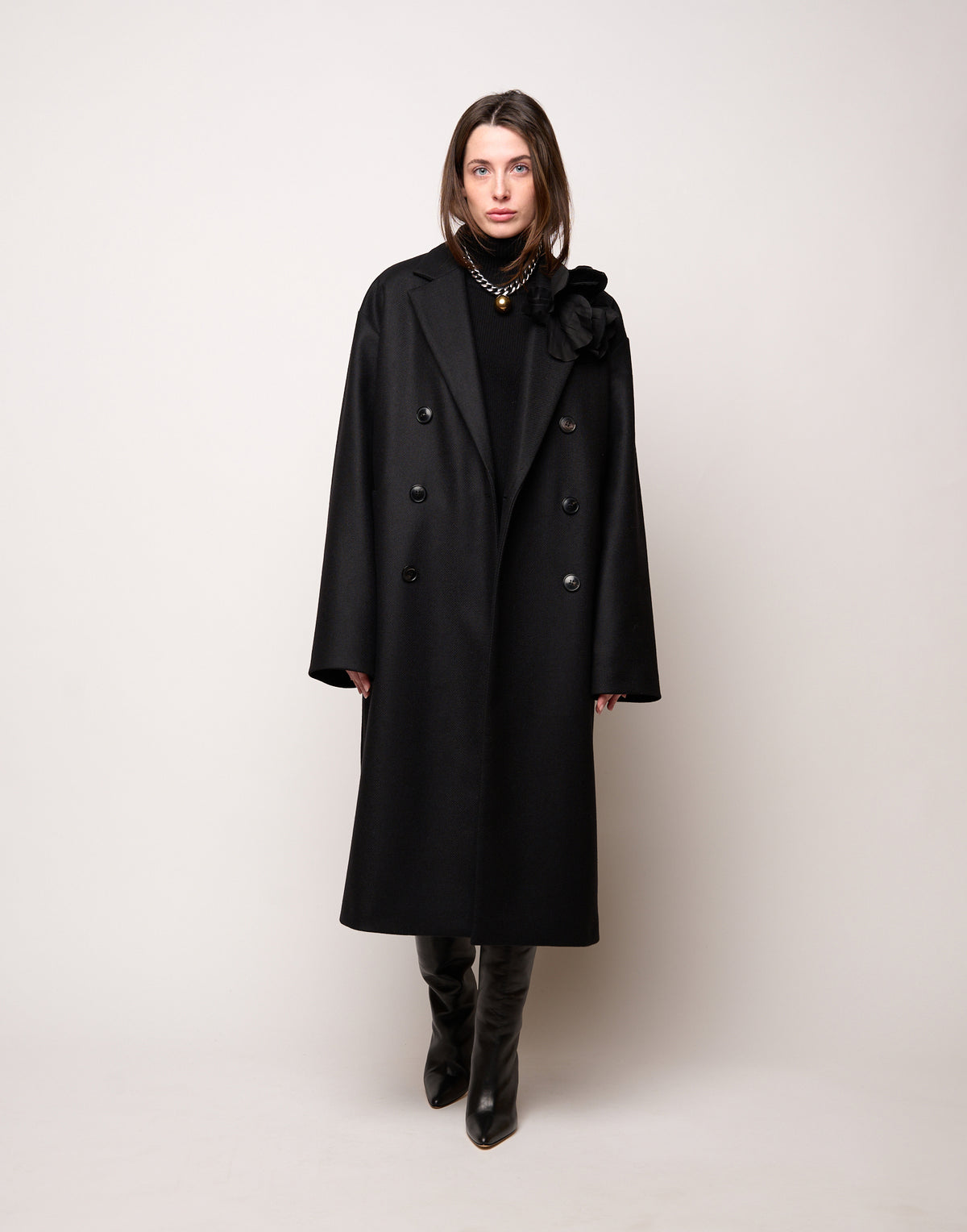 Black Double-Breasted Genderless Coat with Welt Pockets