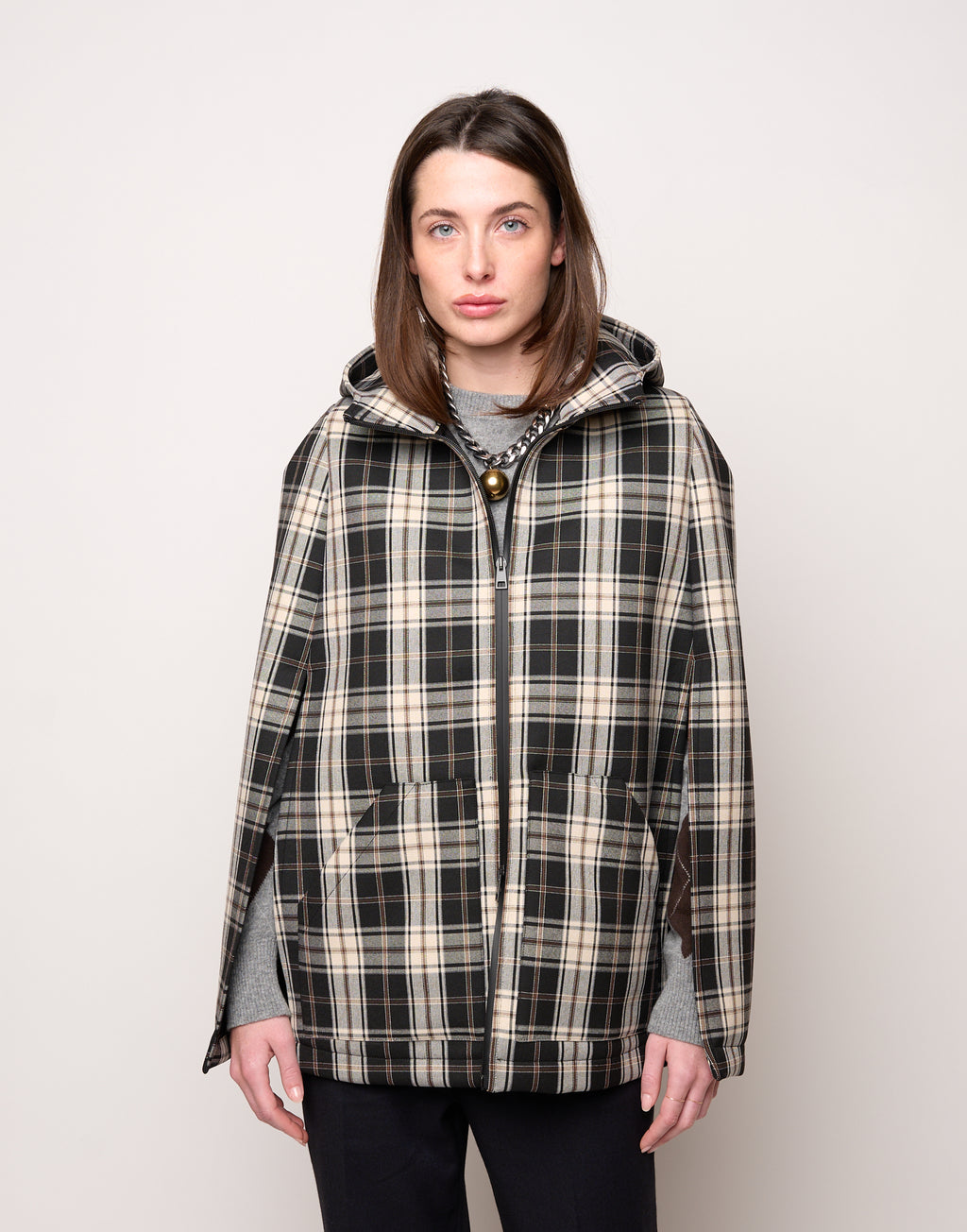 Mini Cappa con Cappuccio e Zip Spalmata in Neoprene Tartan