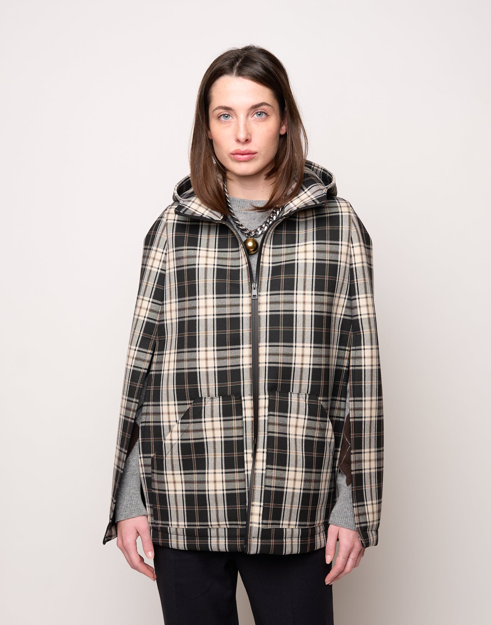 Mini Cappa con Cappuccio e Zip Spalmata in Neoprene Tartan