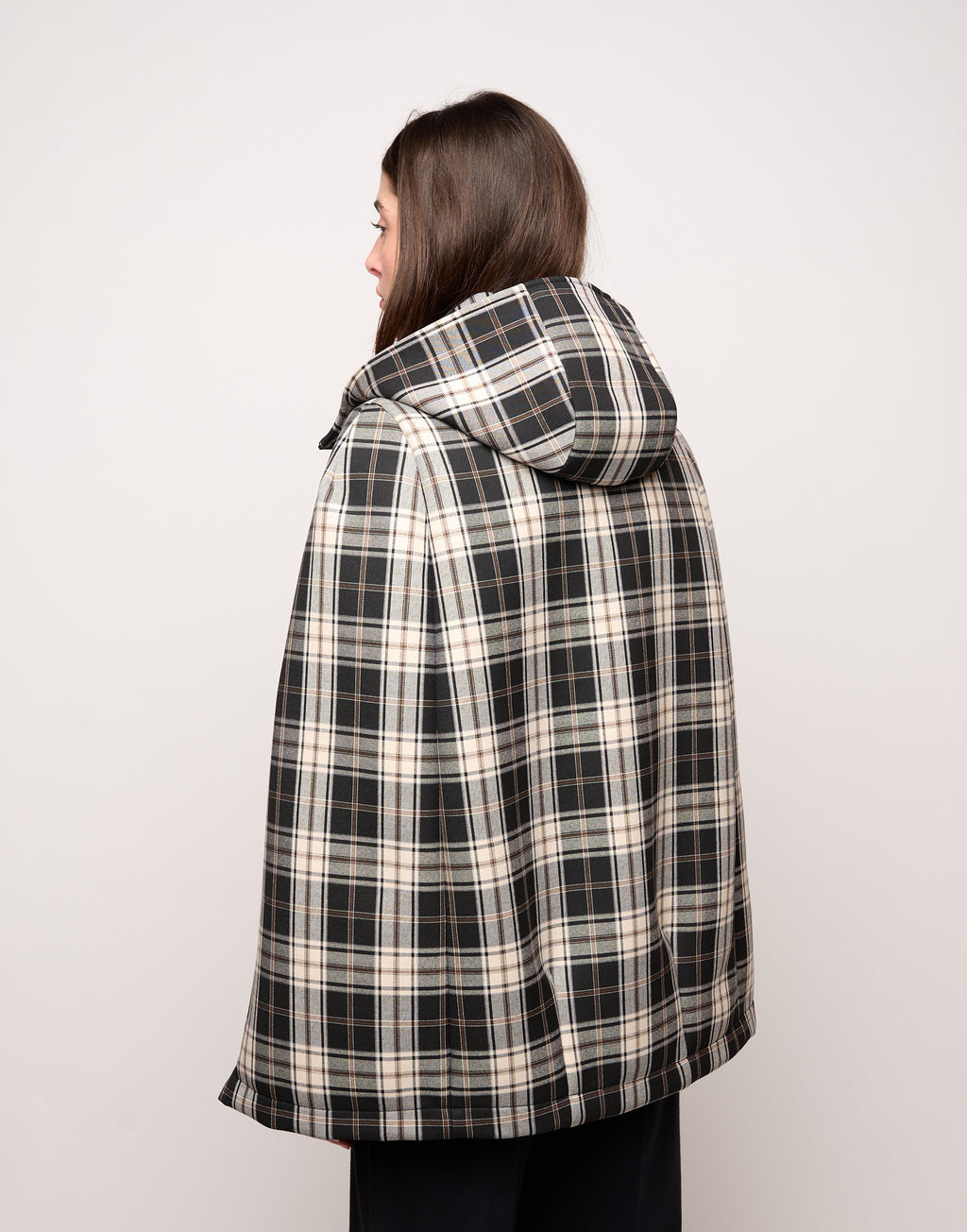 Mini Cappa con Cappuccio e Zip Spalmata in Neoprene Tartan