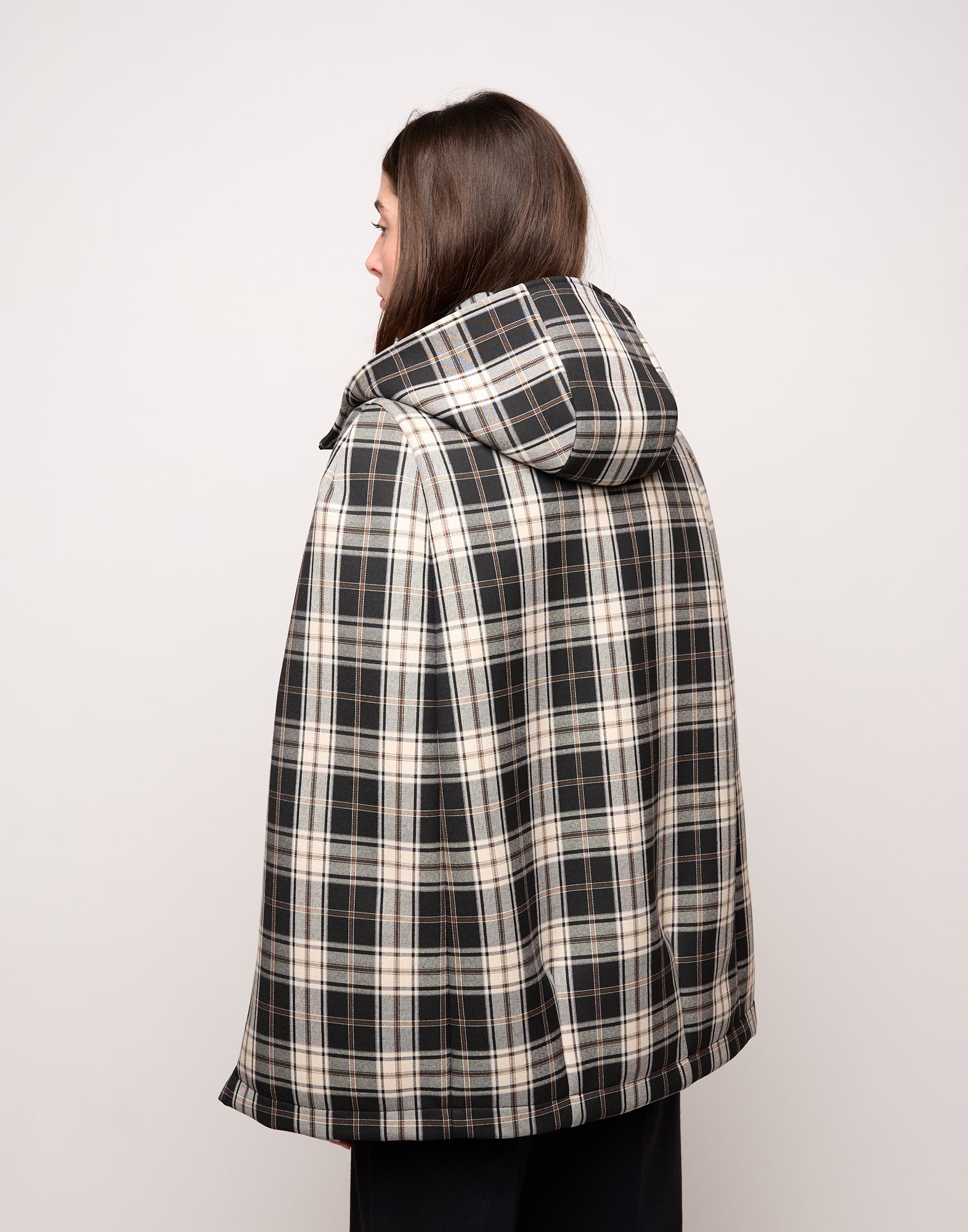 Mini Cappa con Cappuccio e Zip Spalmata in Neoprene Tartan