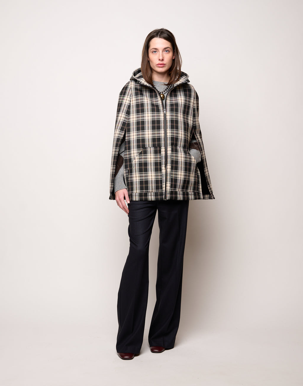 Mini Cappa con Cappuccio e Zip Spalmata in Neoprene Tartan
