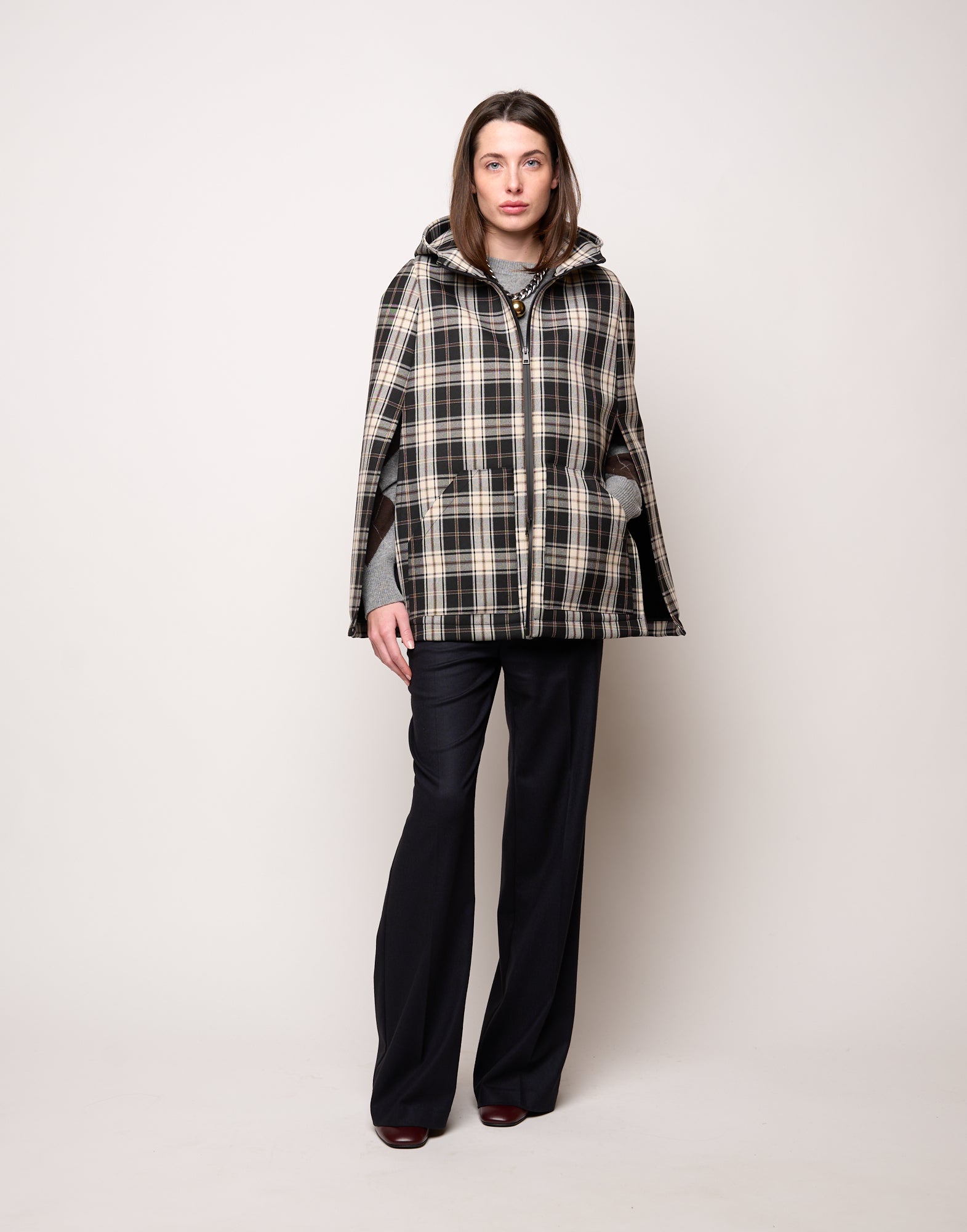 Mini Cappa con Cappuccio e Zip Spalmata in Neoprene Tartan