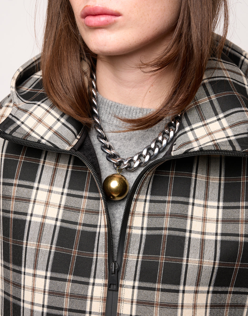 Mini Cappa con Cappuccio e Zip Spalmata in Neoprene Tartan