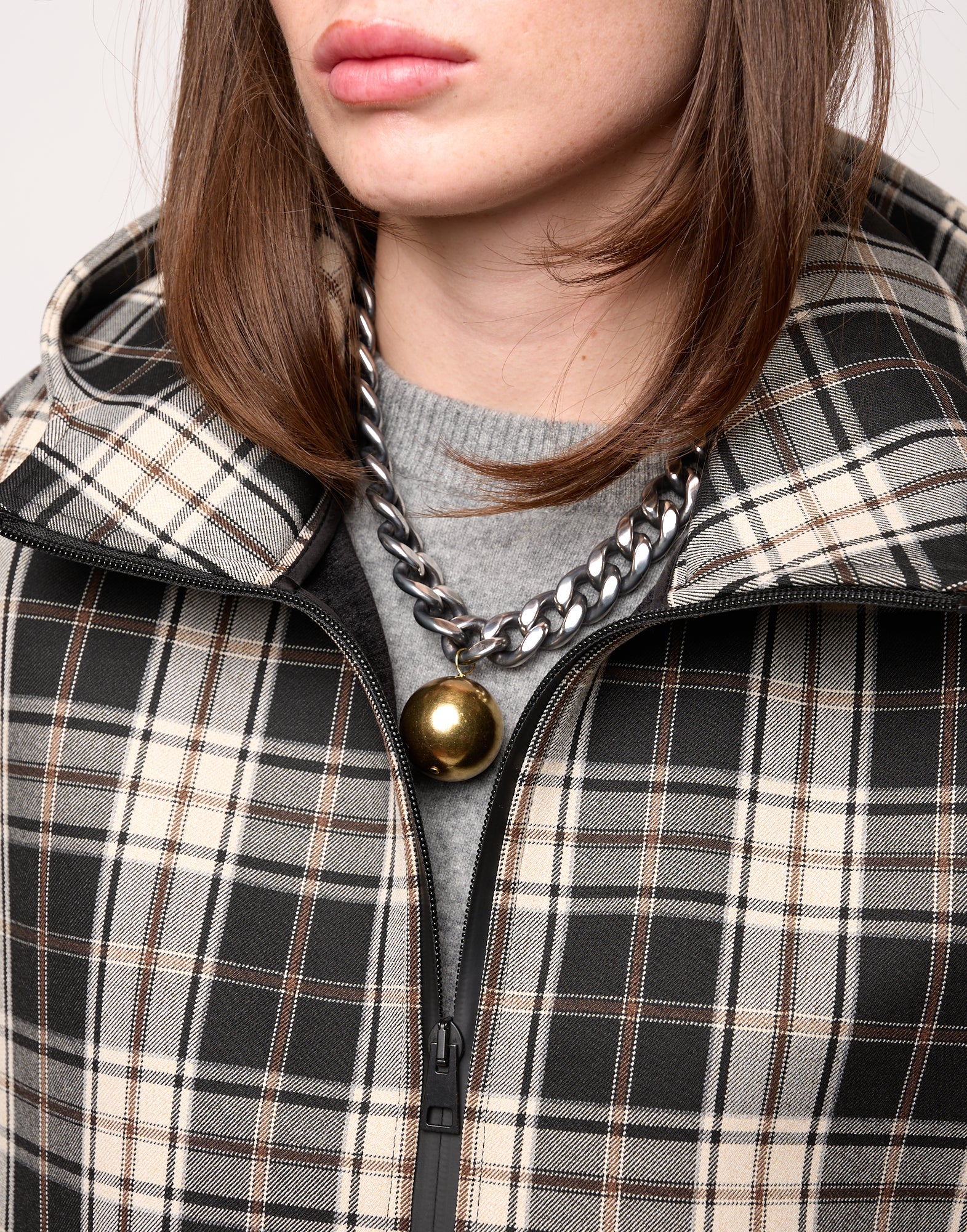 Mini Cappa con Cappuccio e Zip Spalmata in Neoprene Tartan