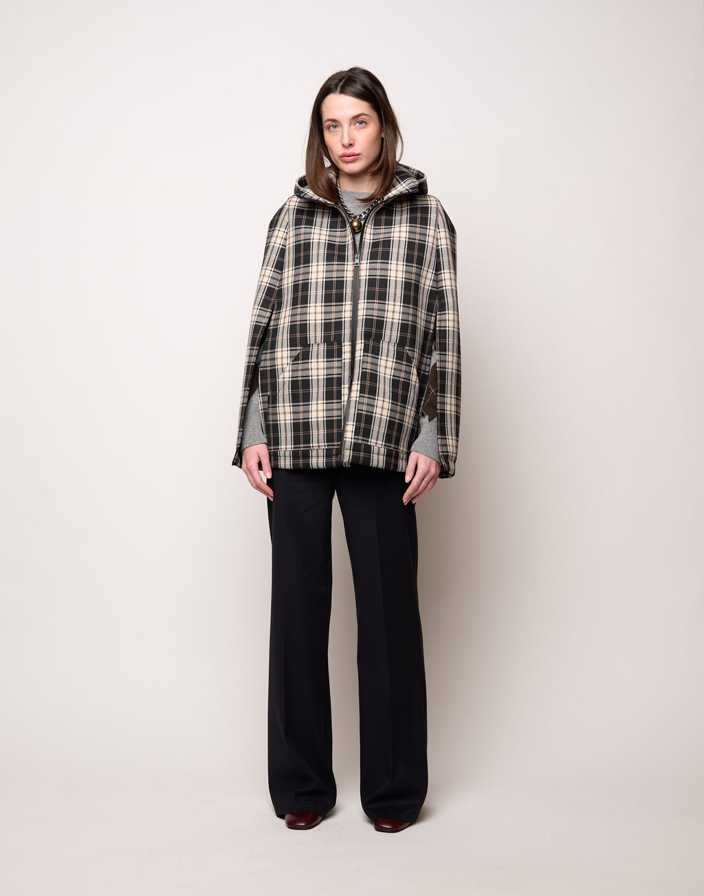 Mini Cappa con Cappuccio e Zip Spalmata in Neoprene Tartan
