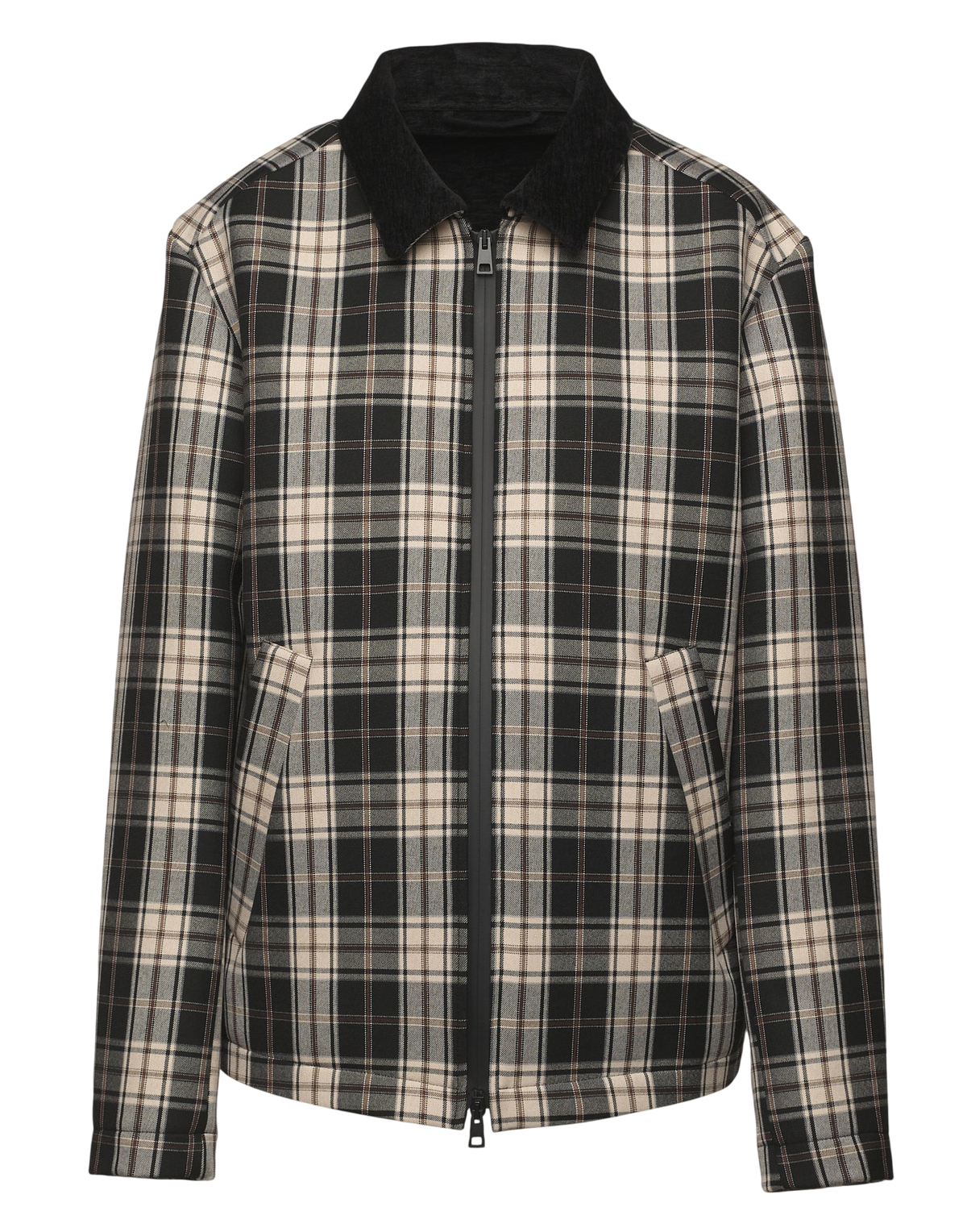 Genderless Peacoat with High Neck and Coated Zip in Tartan Neoprene