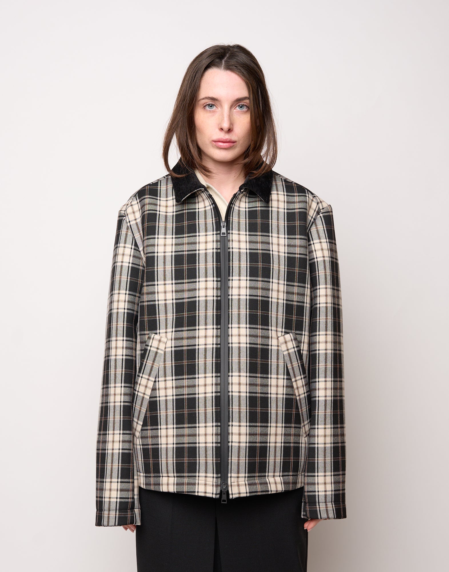 Caban Genderless con Collo Chiuso e Zip Spalmata in Neoprene Tartan