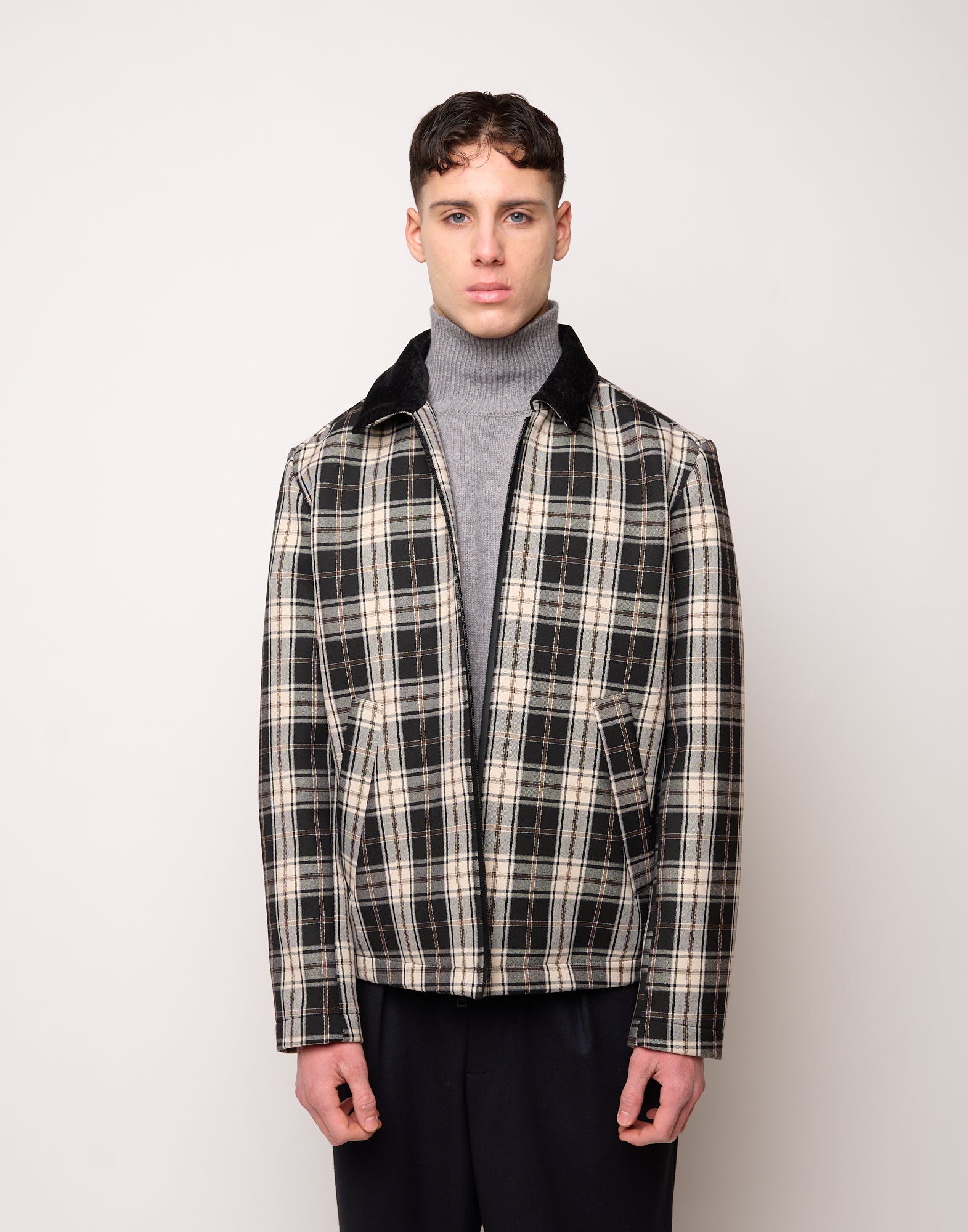 Caban Genderless con Collo Chiuso e Zip Spalmata in Neoprene Tartan