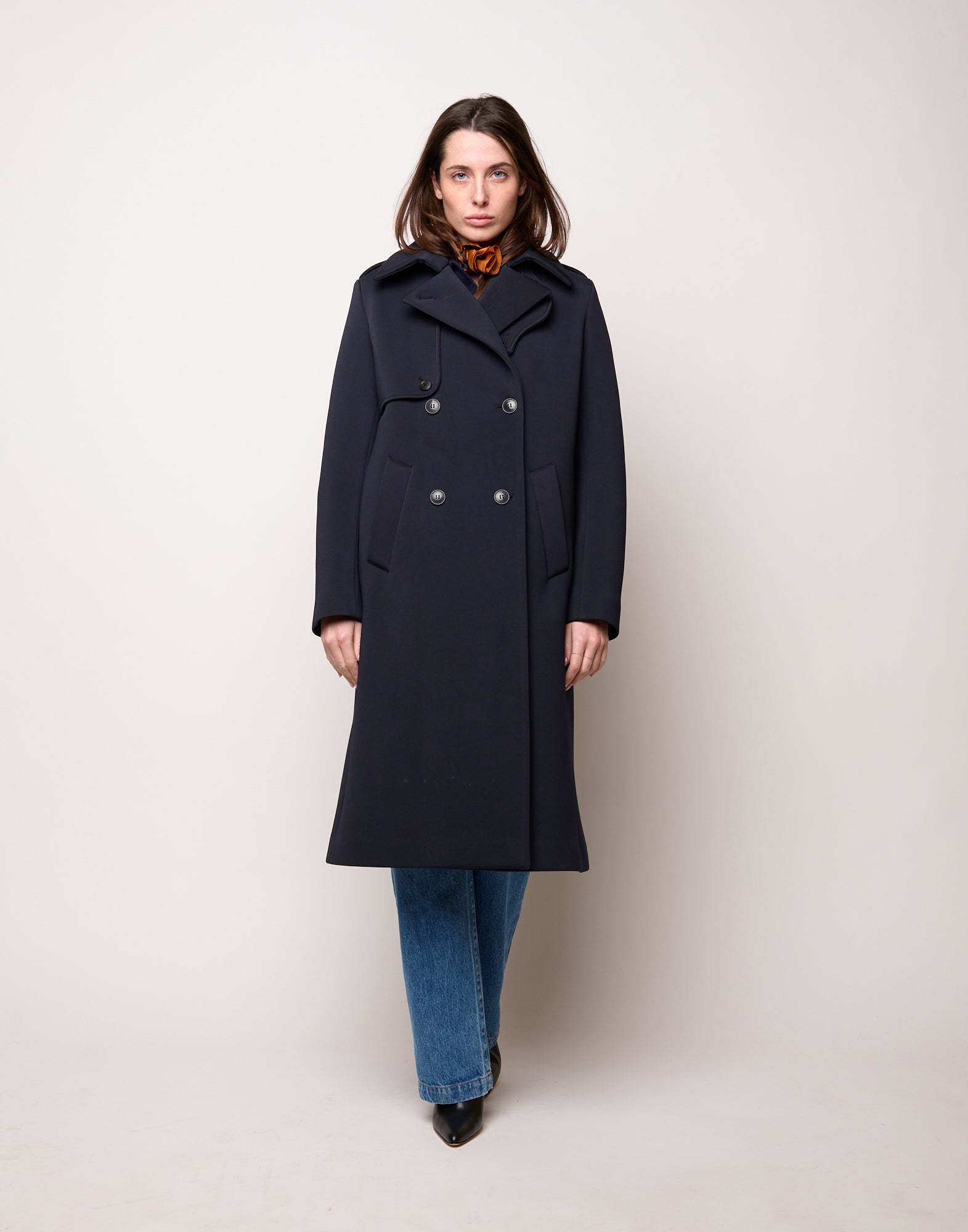 Trench Doppiopetto in Tecno Neoprene con Collo a Rever