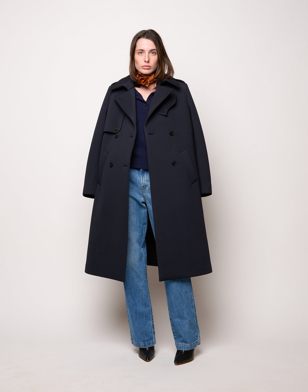 Trench Doppiopetto in Tecno Neoprene con Collo a Rever