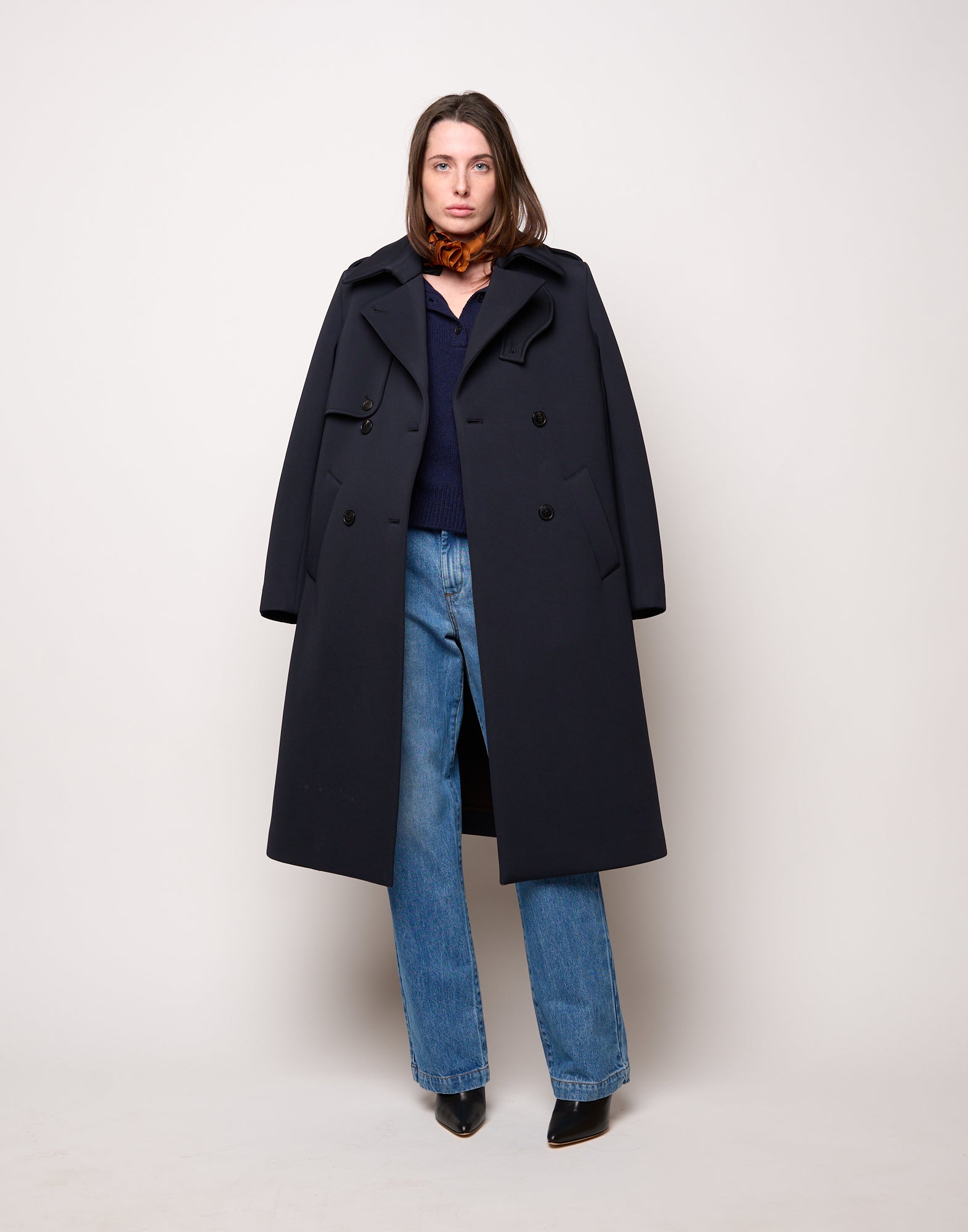 Trench Doppiopetto in Tecno Neoprene con Collo a Rever