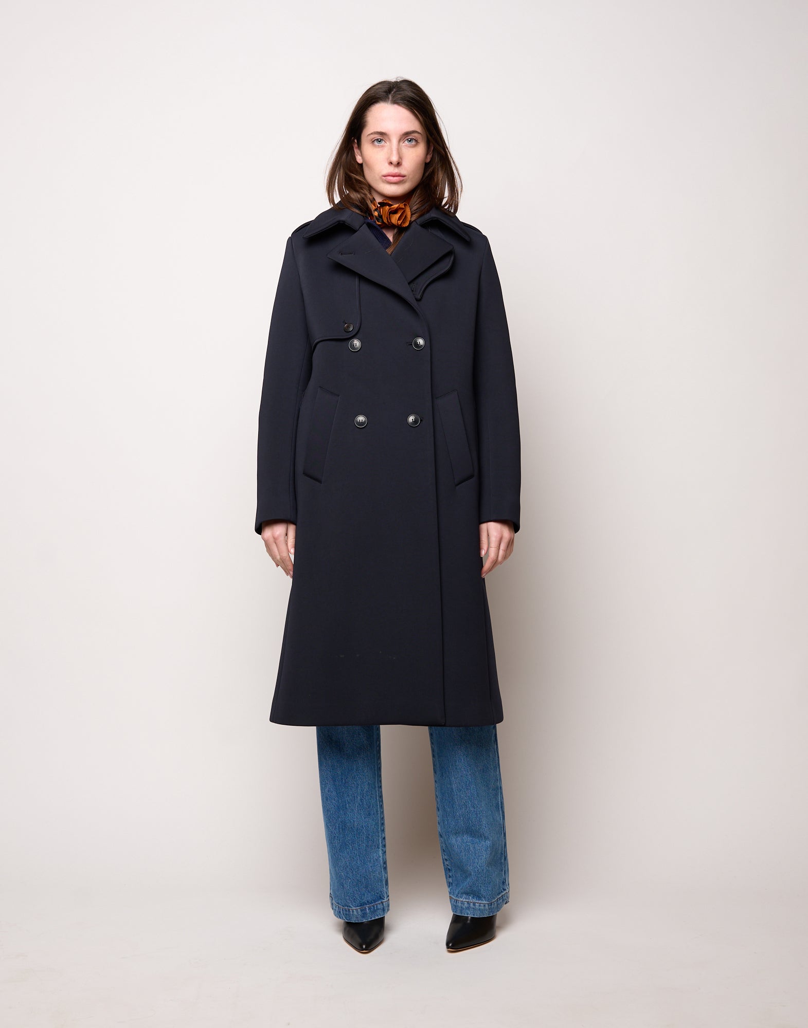 Trench Doppiopetto in Tecno Neoprene con Collo a Rever