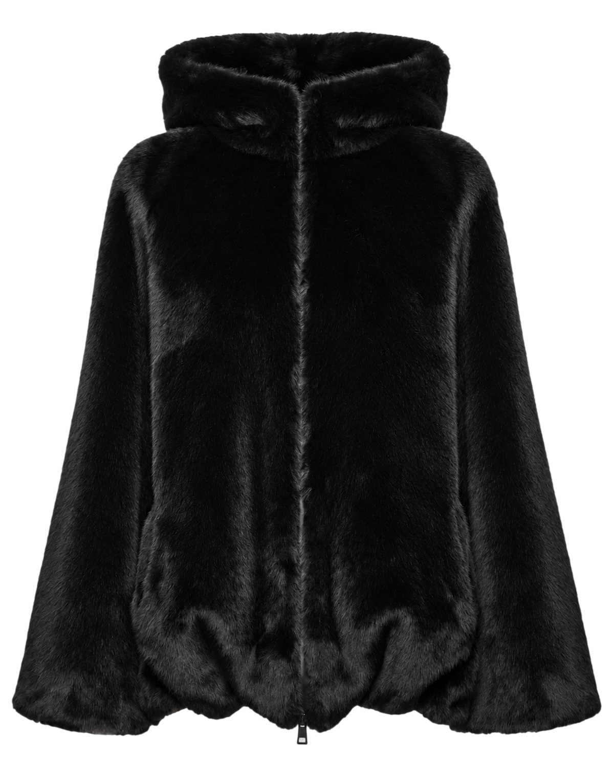 Black Faux Fur Parka with Hood and Drawstring Hem