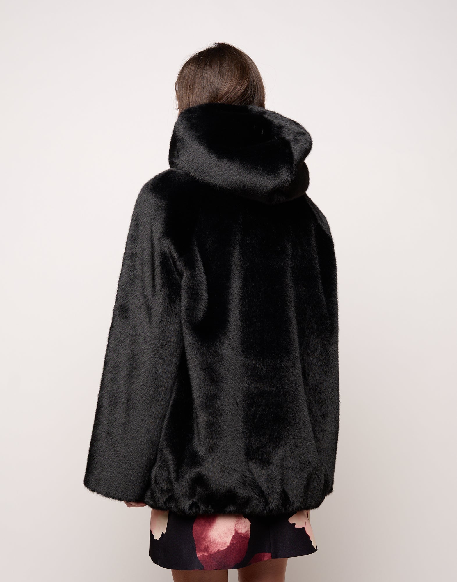 Parka con Cappuccio e Coulisse al Fondo in Eco Pelliccia Nero