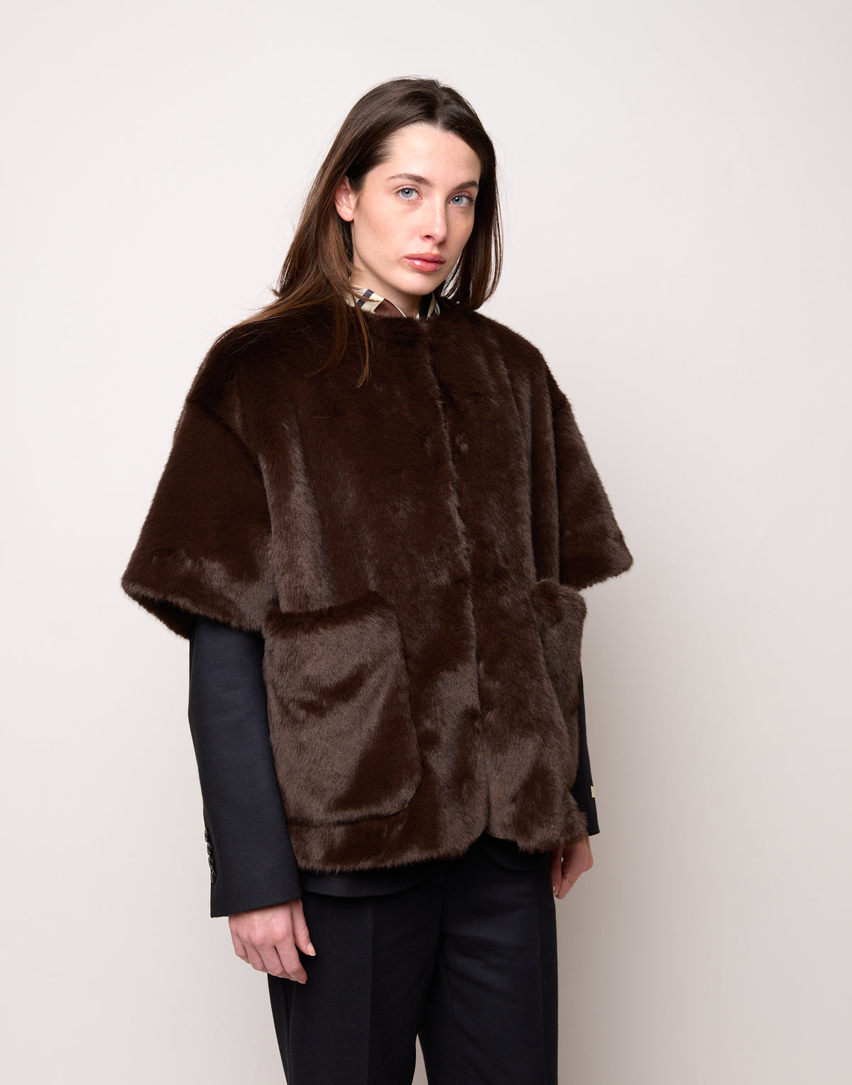 Chocolate Faux Fur Short-Sleeved Pea Coat