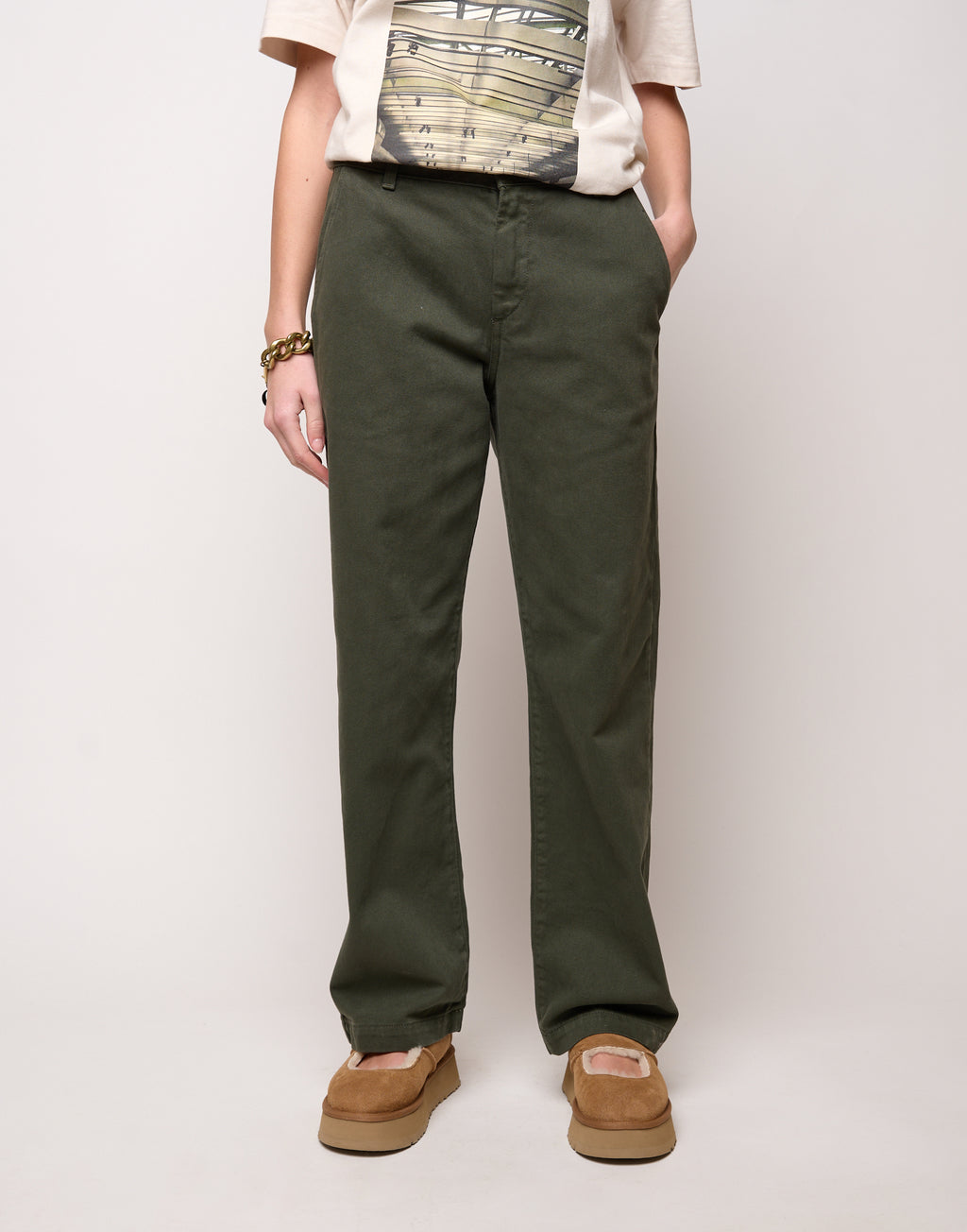 Pantalone Dritto in Drill di Cotone Oliva