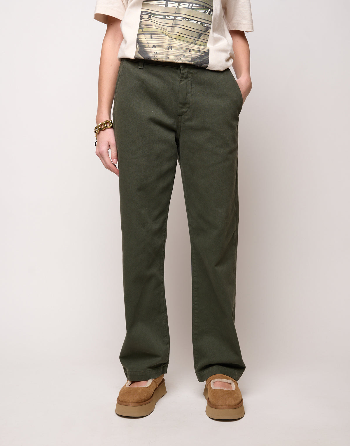 Pantalone Dritto in Drill di Cotone Oliva