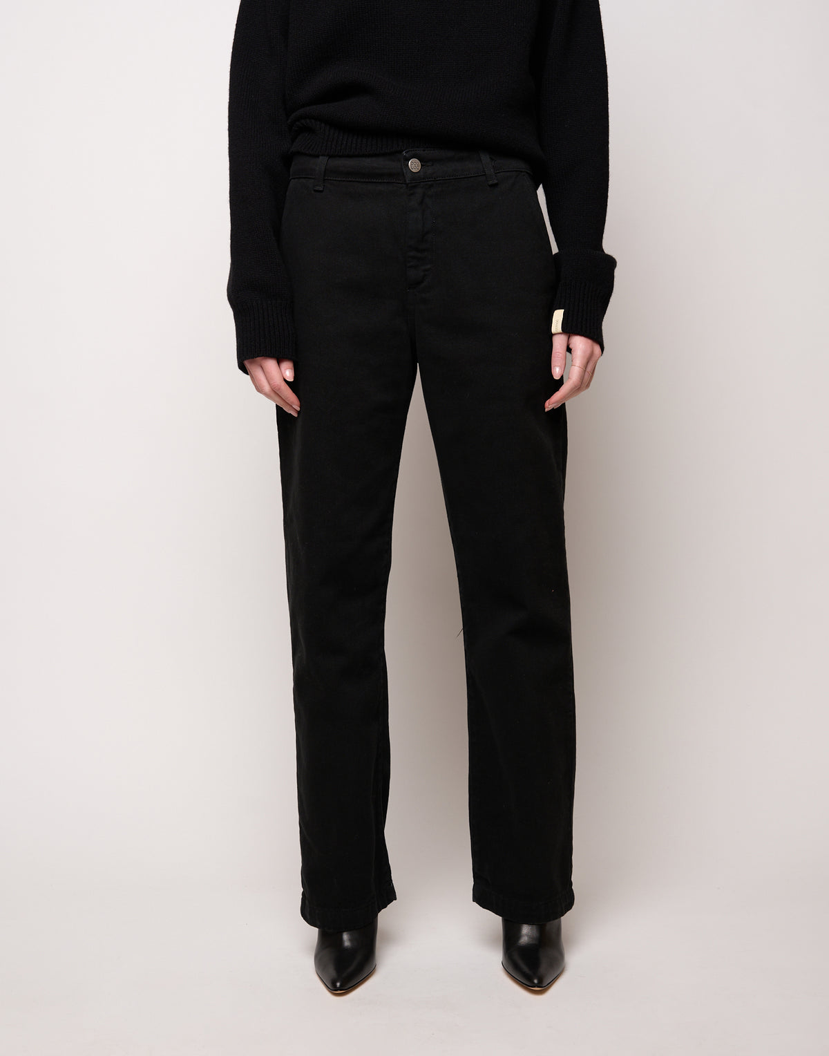 Black Cotton Drill Straight-Leg Trousers