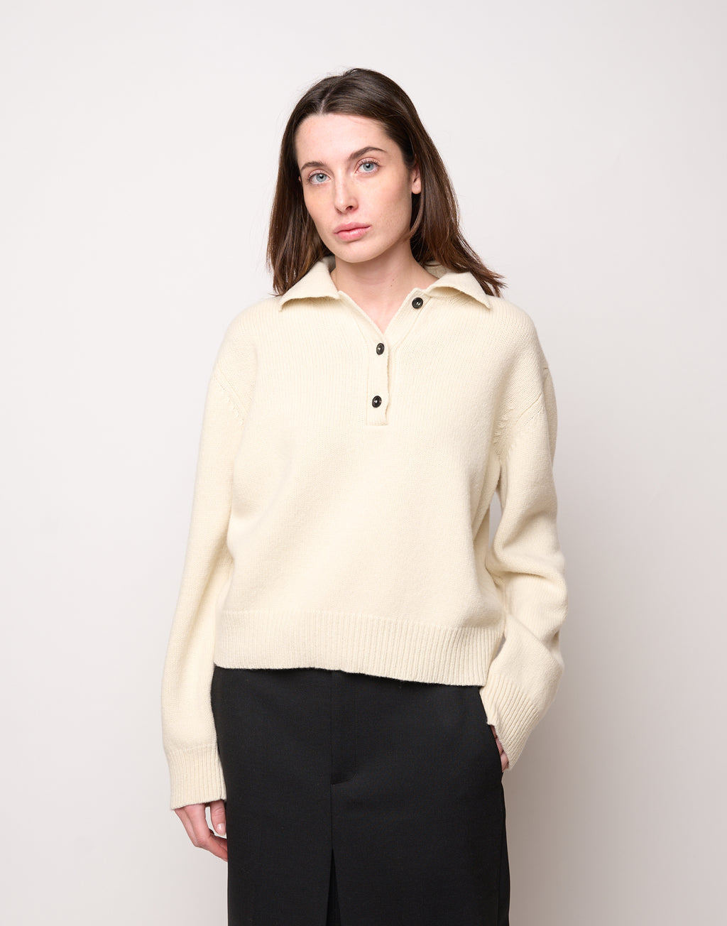 Maglia Polo Cropped in Lana e Cashmere Panna