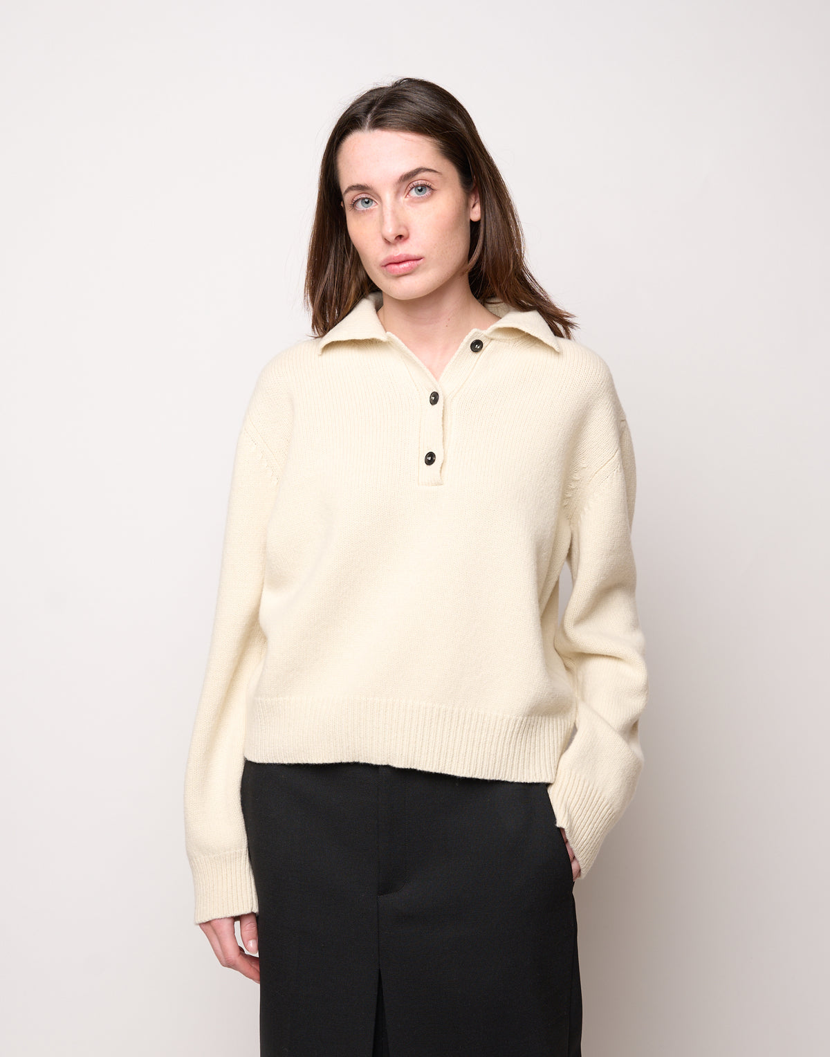 Maglia Polo Cropped in Lana e Cashmere Panna