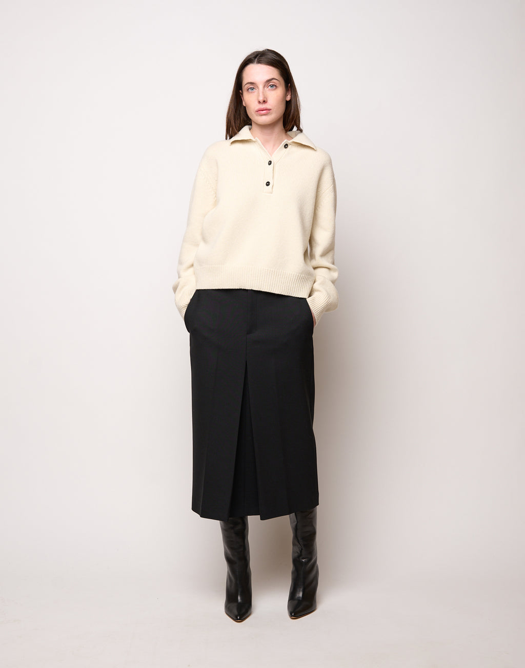Maglia Polo Cropped in Lana e Cashmere Panna