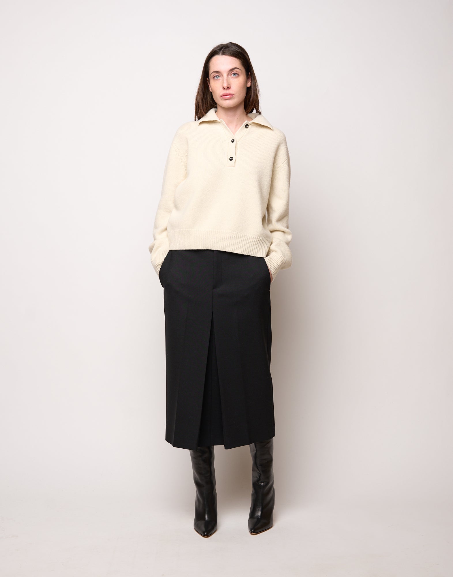 Maglia Polo Cropped in Lana e Cashmere Panna