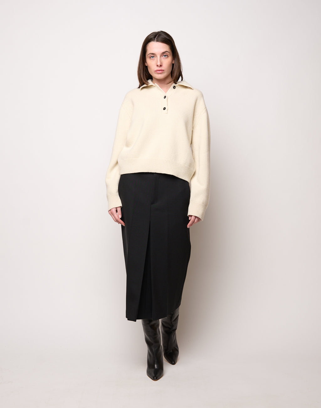 Maglia Polo Cropped in Lana e Cashmere Panna