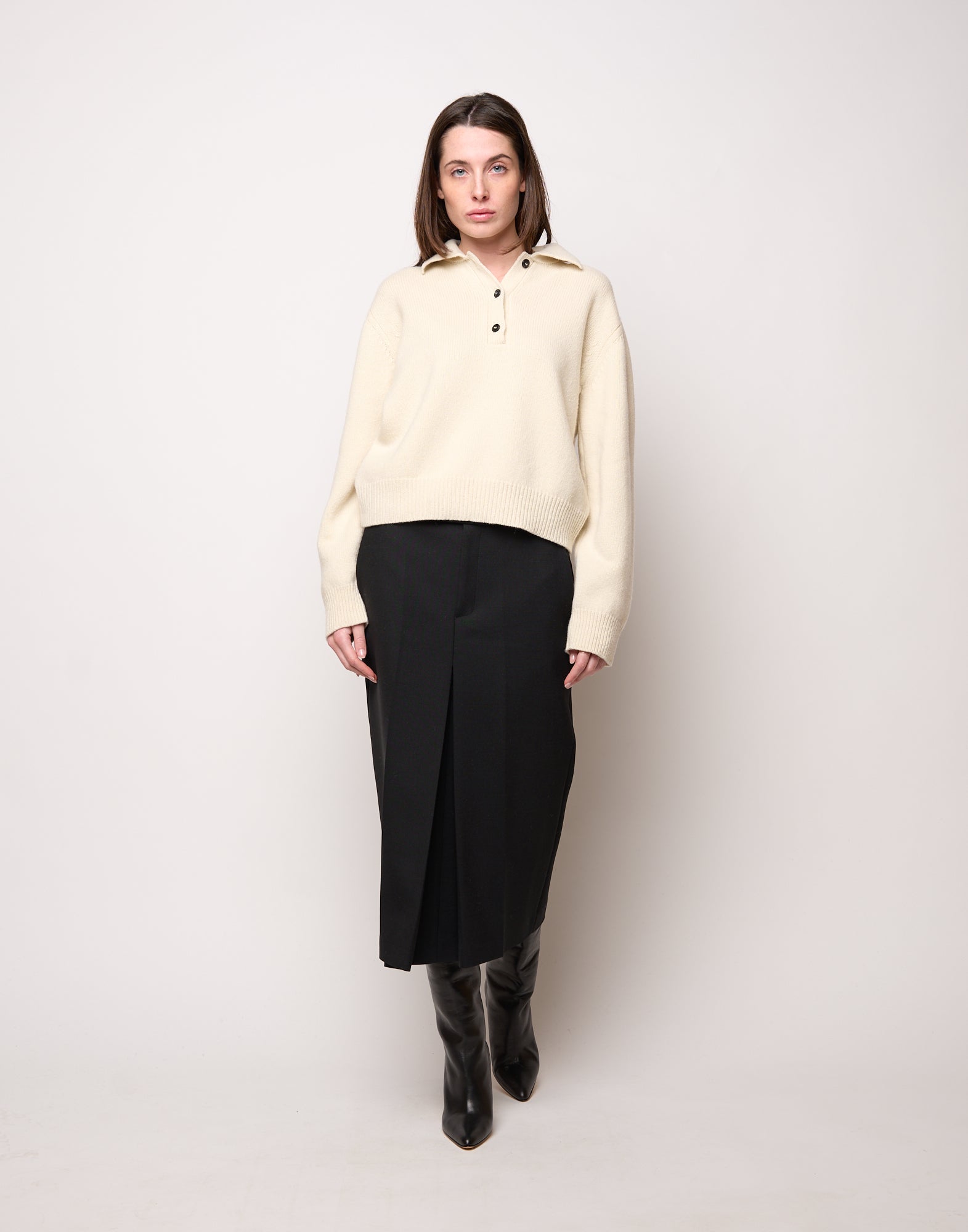 Maglia Polo Cropped in Lana e Cashmere Panna