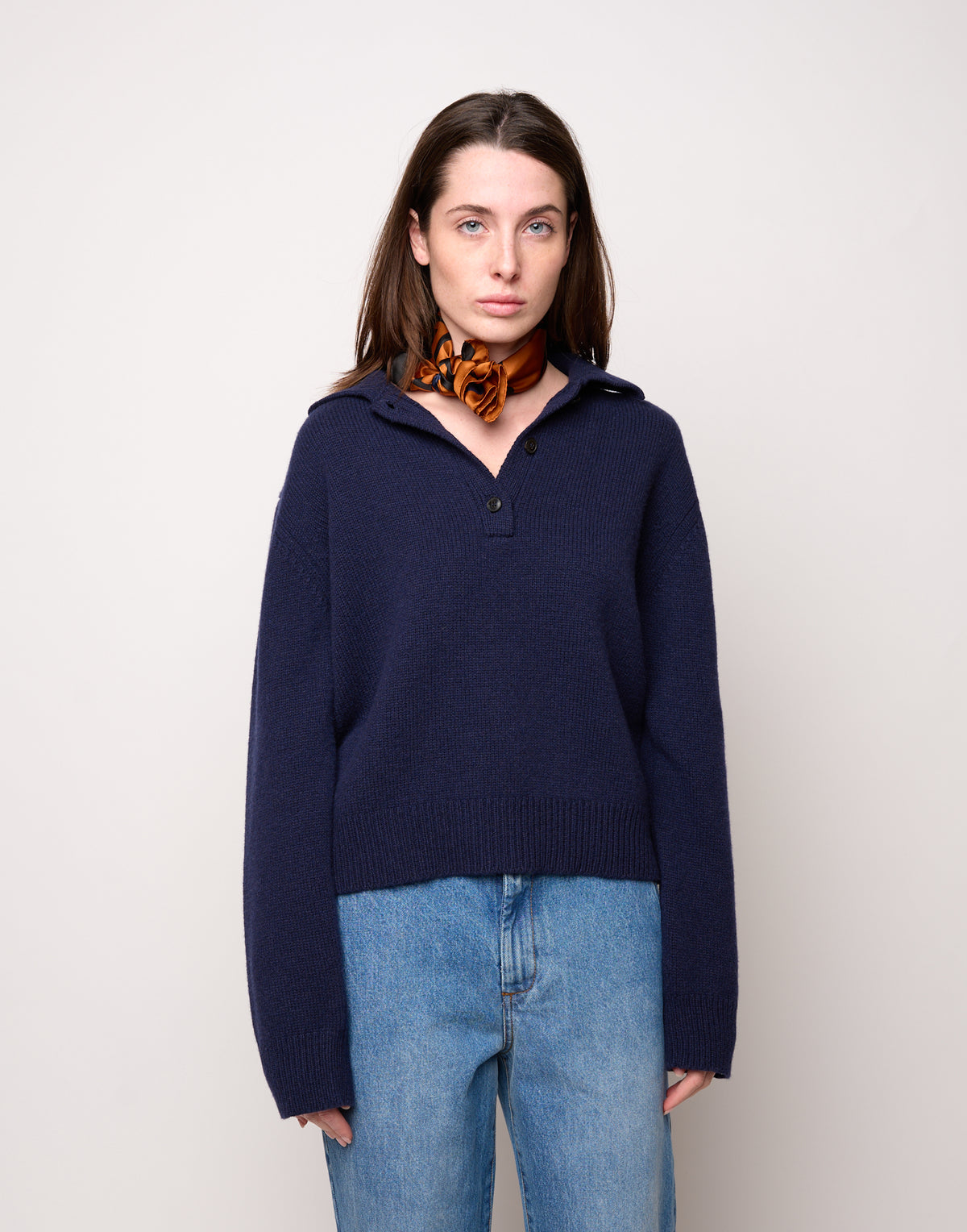 Maglia Polo Cropped in Lana e Cashmere Oltremare