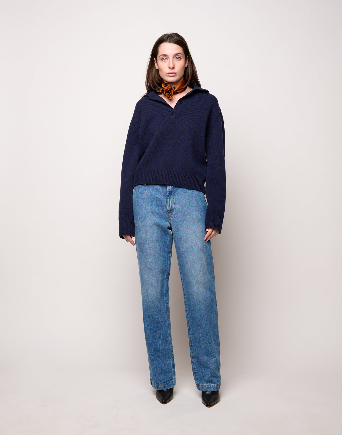 Maglia Polo Cropped in Lana e Cashmere Oltremare