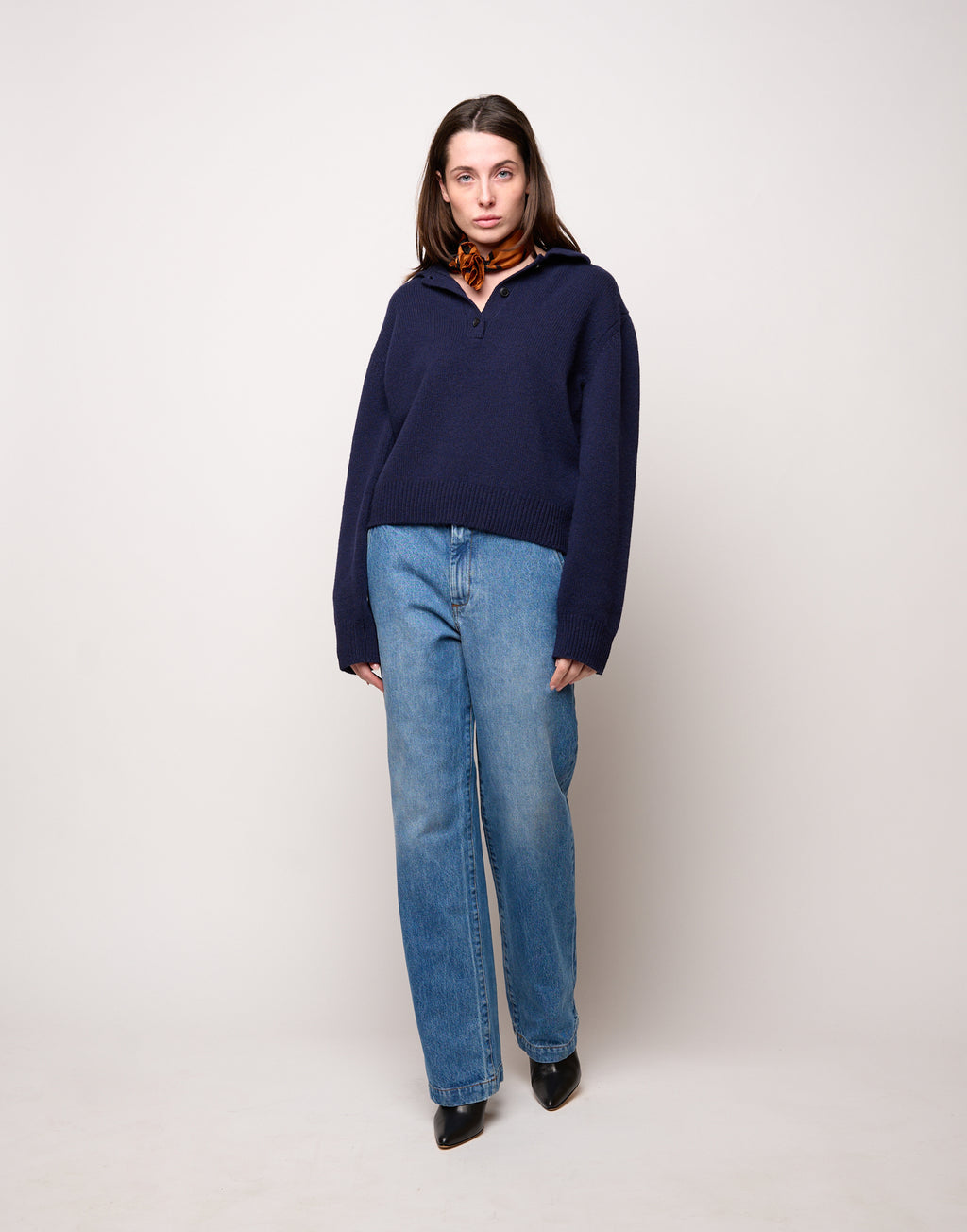 Maglia Polo Cropped in Lana e Cashmere Oltremare