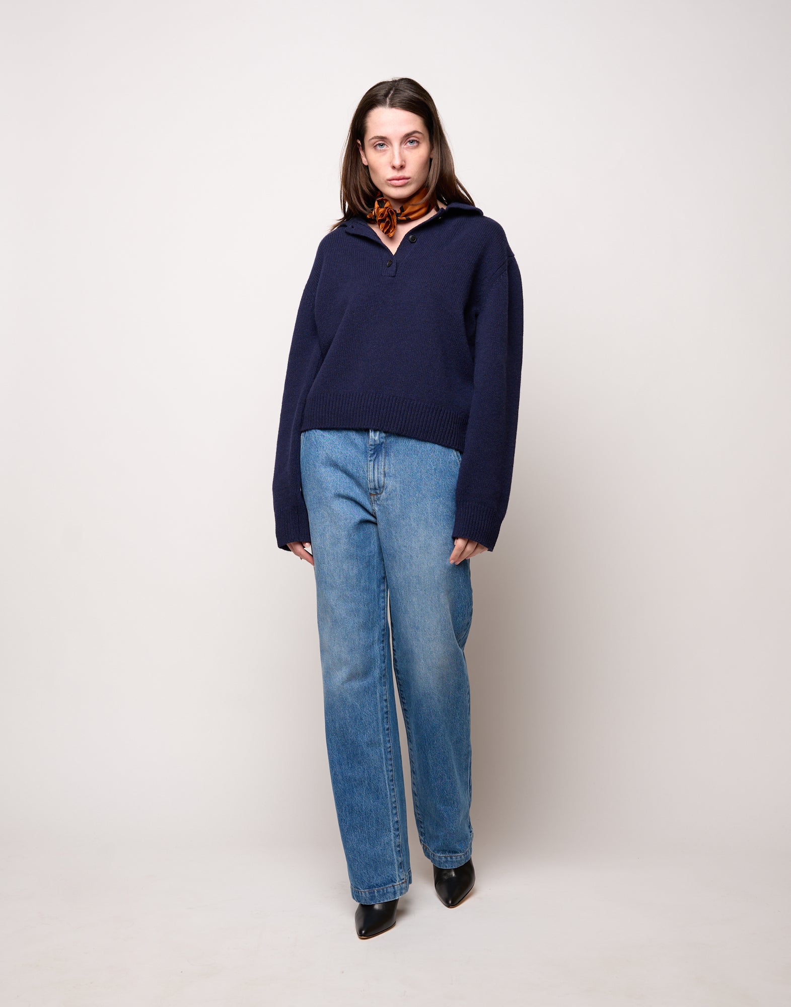Maglia Polo Cropped in Lana e Cashmere Oltremare