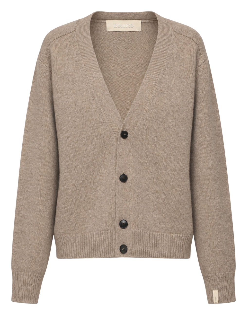 Genderless V-Neck Cardigan with Raglan Sleeves in Taupe Wool and Cashmere