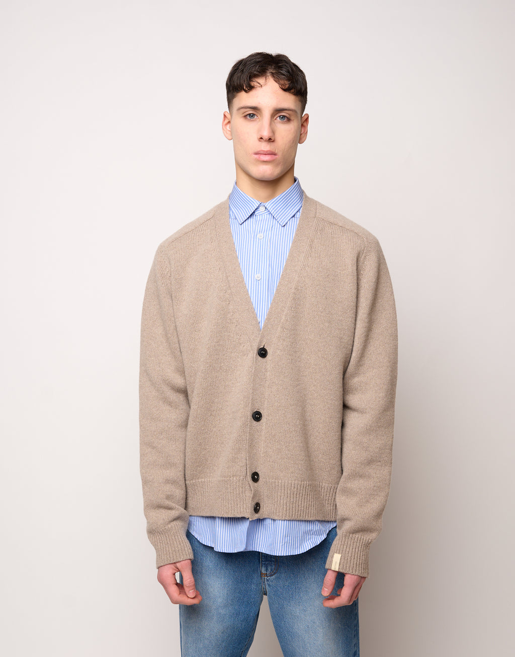 Genderless V-Neck Cardigan with Raglan Sleeves in Taupe Wool and Cashmere